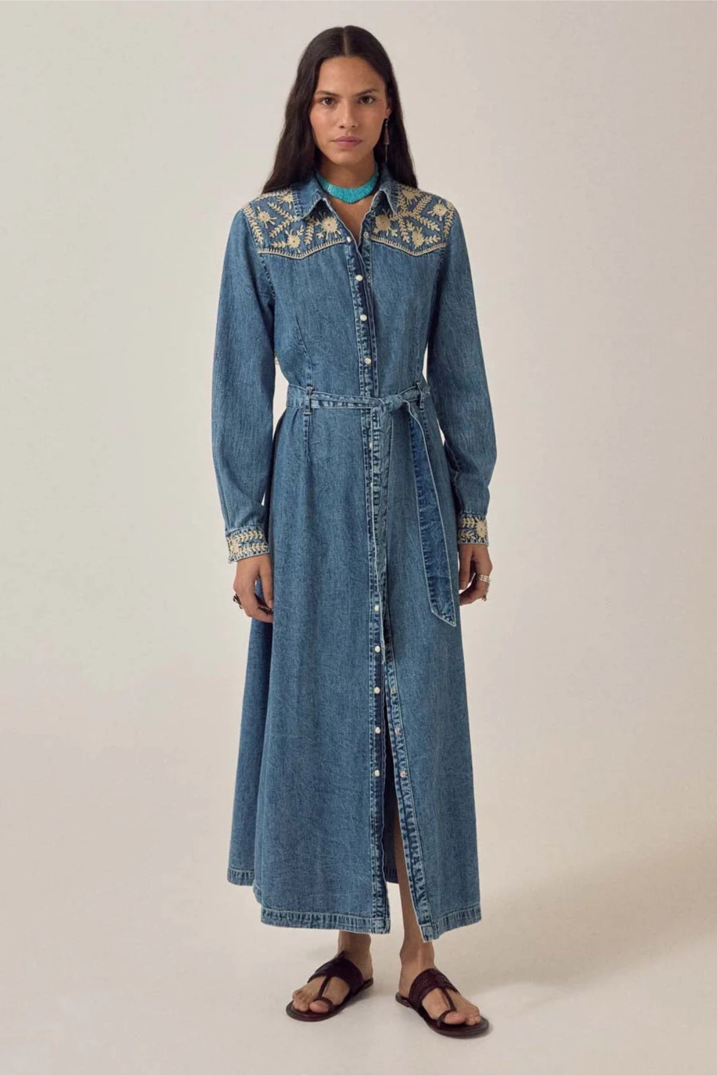 Front view of Maison Hotel Amelia Dress Arizona with embroidered yoke and cuffs worn by model Shop Maison Hotel at Dotique gallery 1