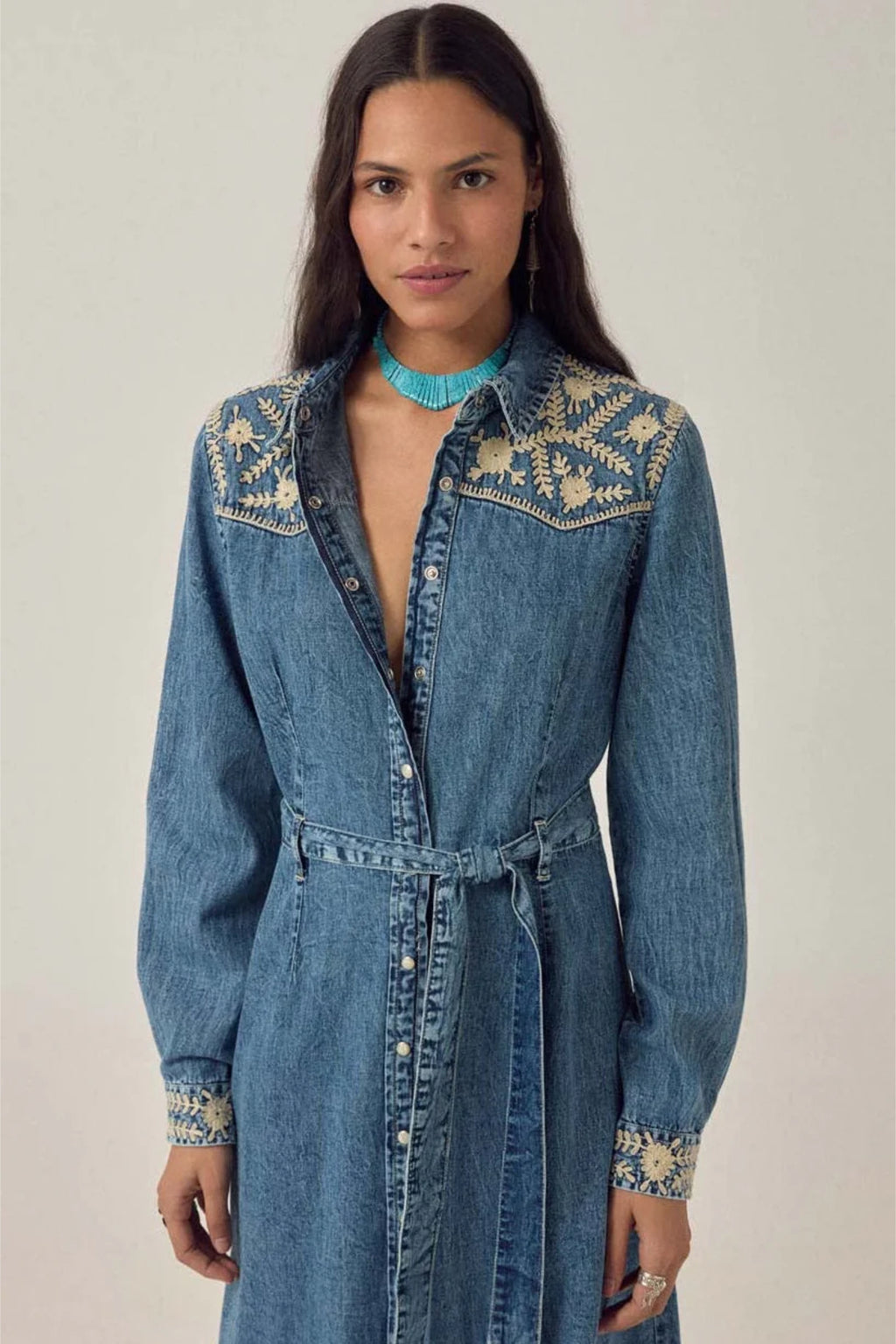 Front gallery view of Maison Hotel Amelia Dress Arizona with embroidered yoke and cuffs Shop Maison Hotel at Dotique