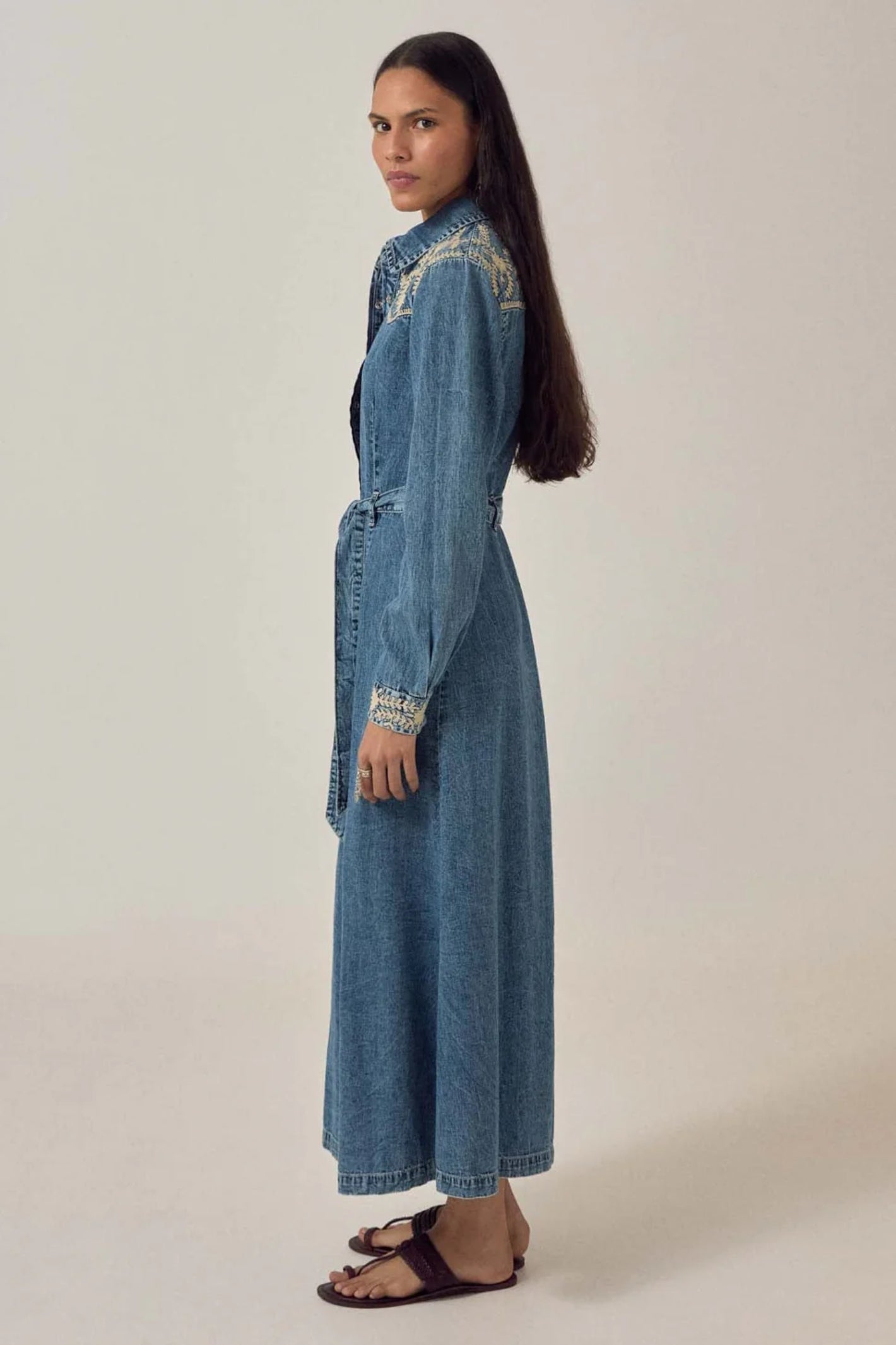 Side profile of Maison Hotel Amelia Dress Arizona with embroidered yoke and cuff details Shop Maison Hotel at Dotique gallery 1