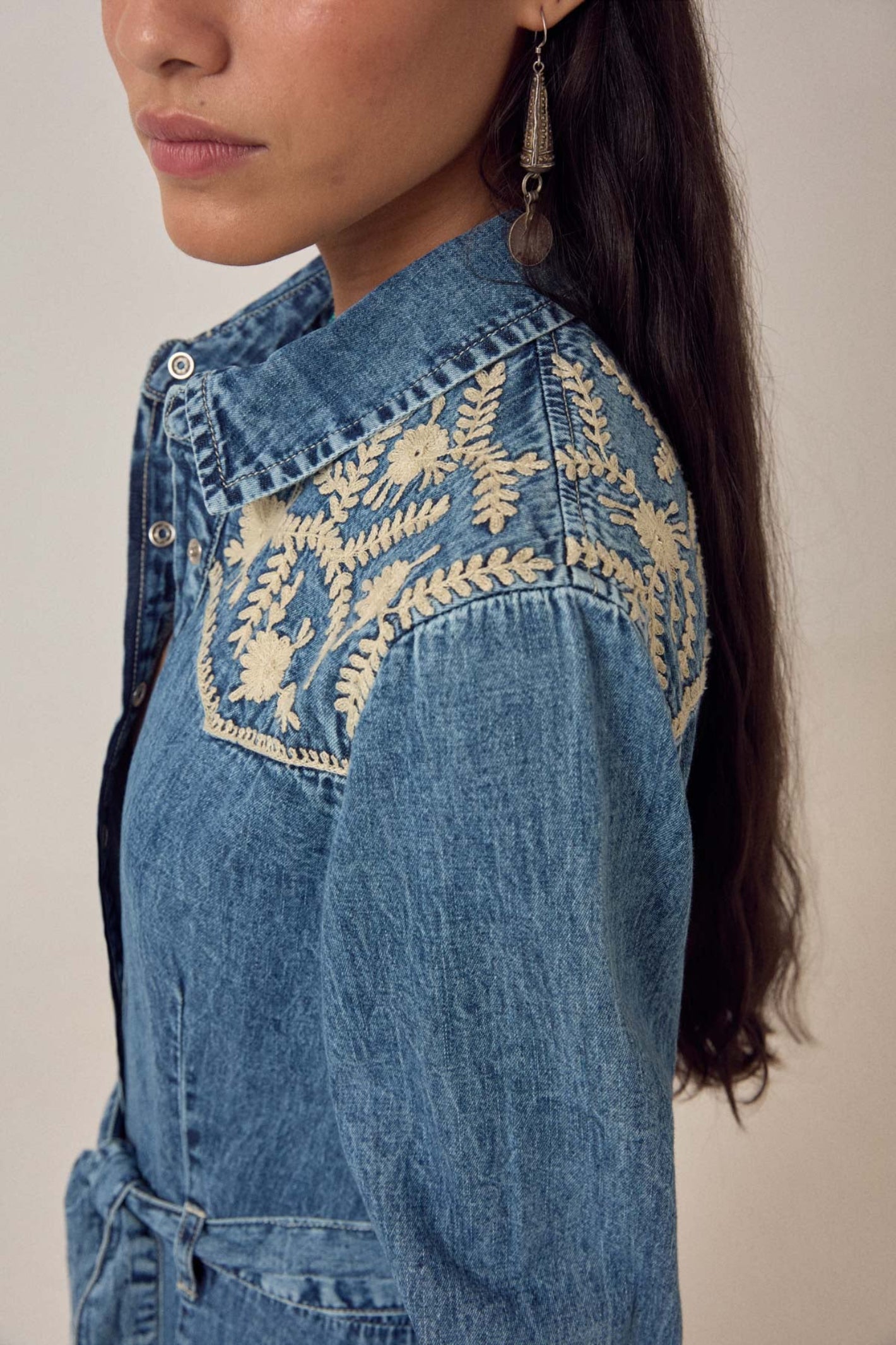 Close-up side view of Maison Hotel Amelia Dress Arizona featuring embroidered yoke detail Shop Maison Hotel at Dotique gallery 1