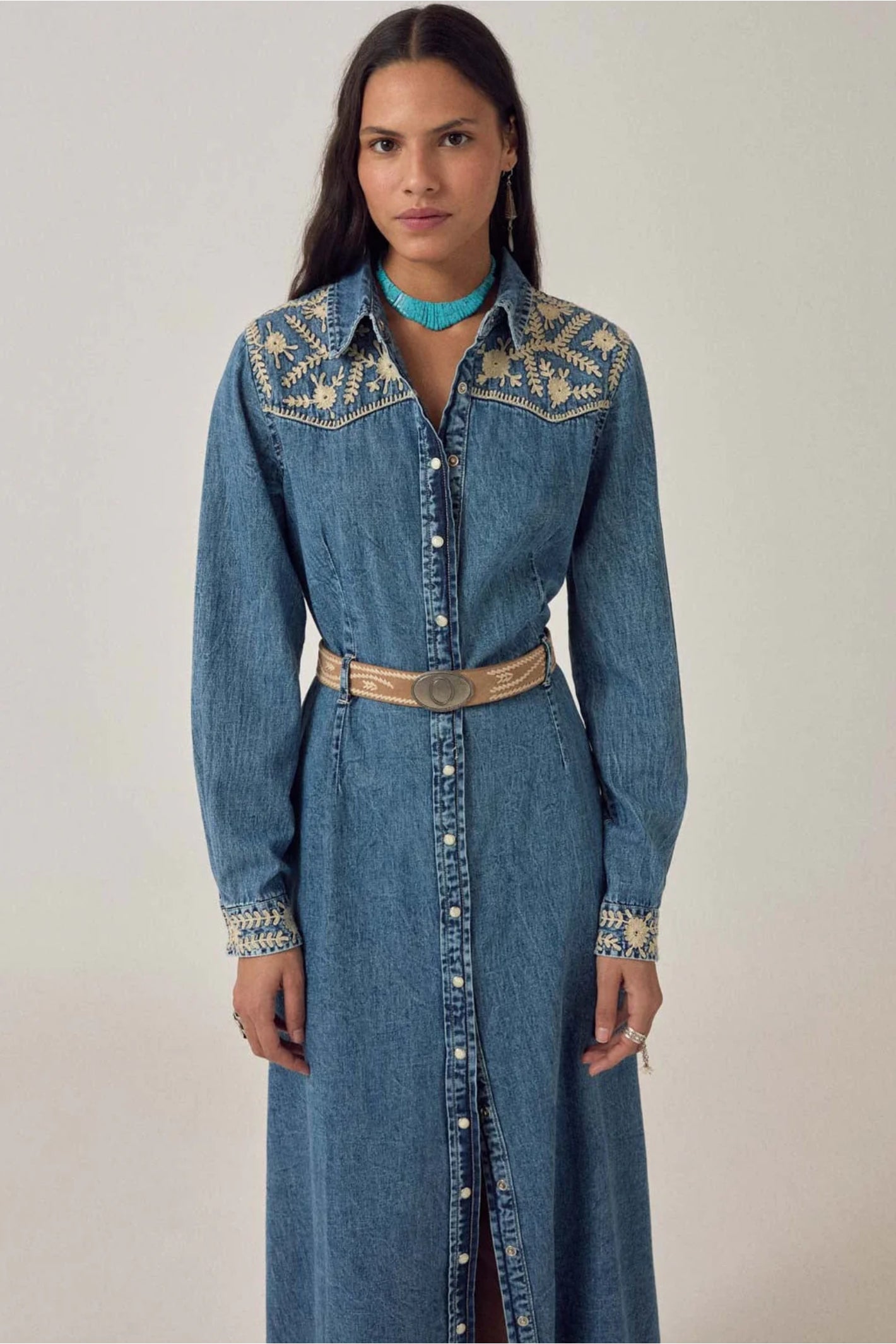 Front view of Maison Hotel Amelia Dress Arizona featuring embroidered yoke and cuffs Shop Maison Hotel at Dotique gallery 1