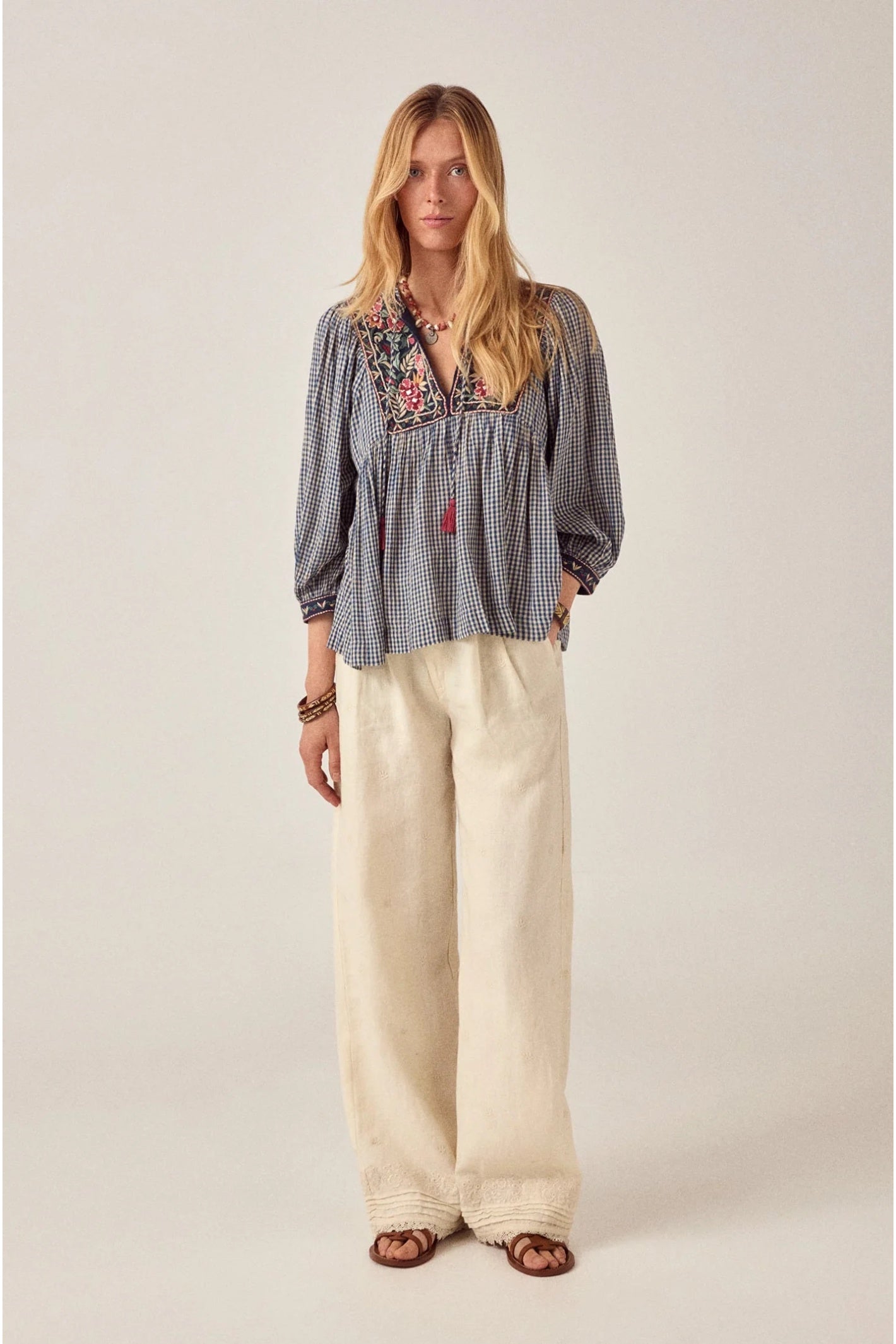 Model in Maison Hotel April Blouse Gingham Bloom Bleu Picnic relaxed fit from Maison Hotel Shop Maison Hotel at Dotique gallery 1