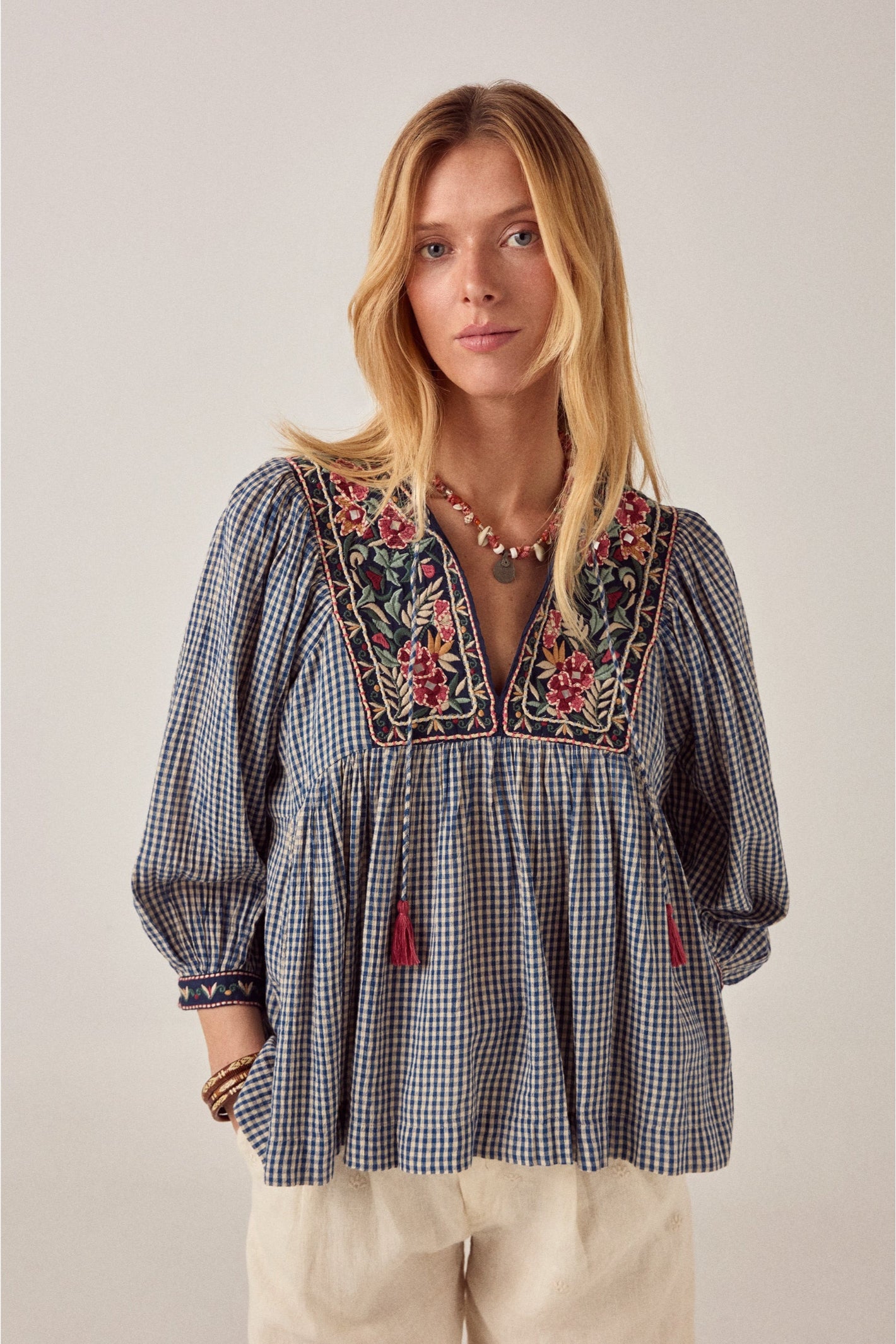 Front view of Maison Hotel April Blouse Gingham Bloom Bleu Picnic with floral embroidery shop Maison Hotel at Dotique gallery 1