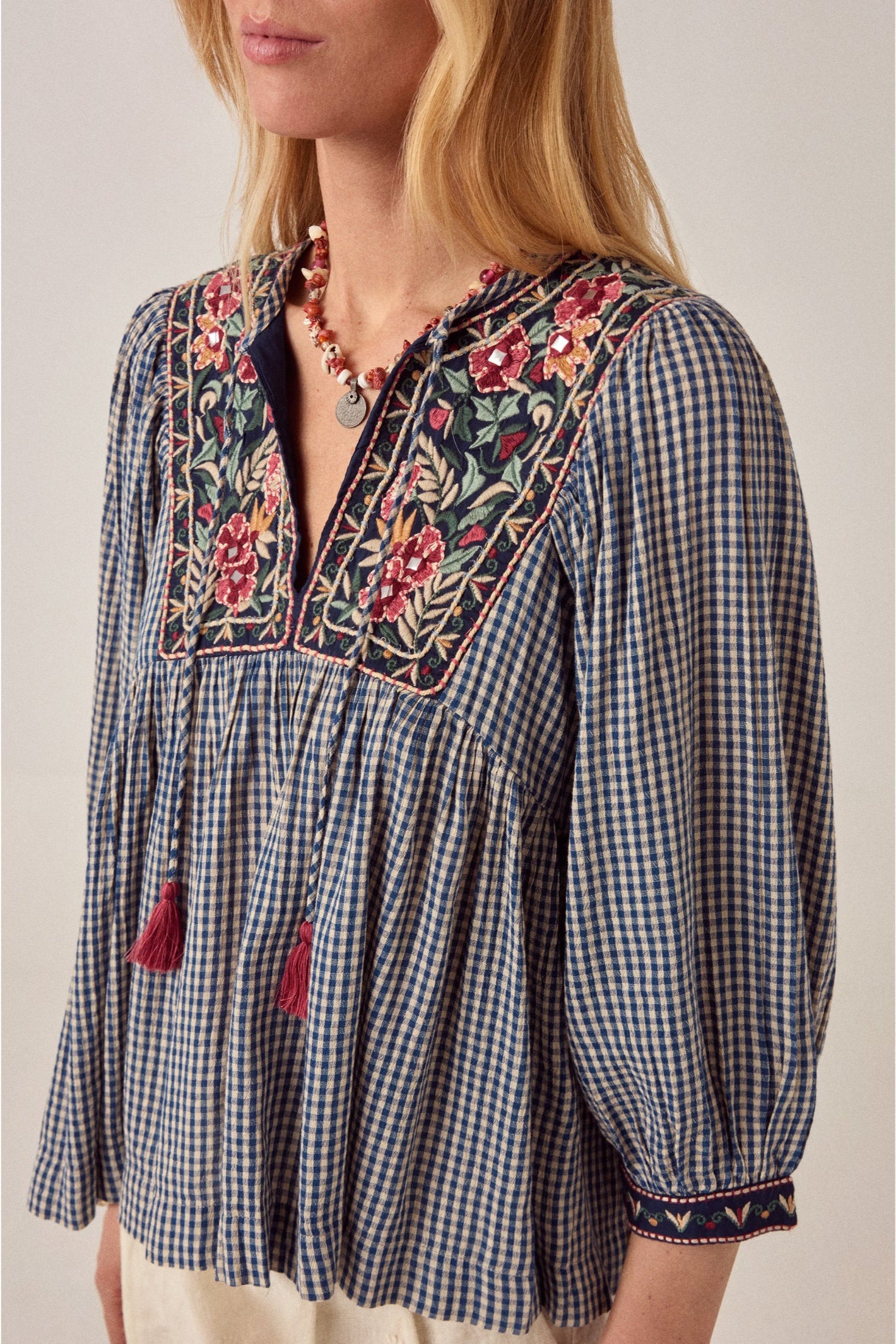 Close-up of Maison Hotel April Blouse Gingham Bloom Bleu Picnic showing embroidery detail Shop Maison Hotel at Dotique gallery 1