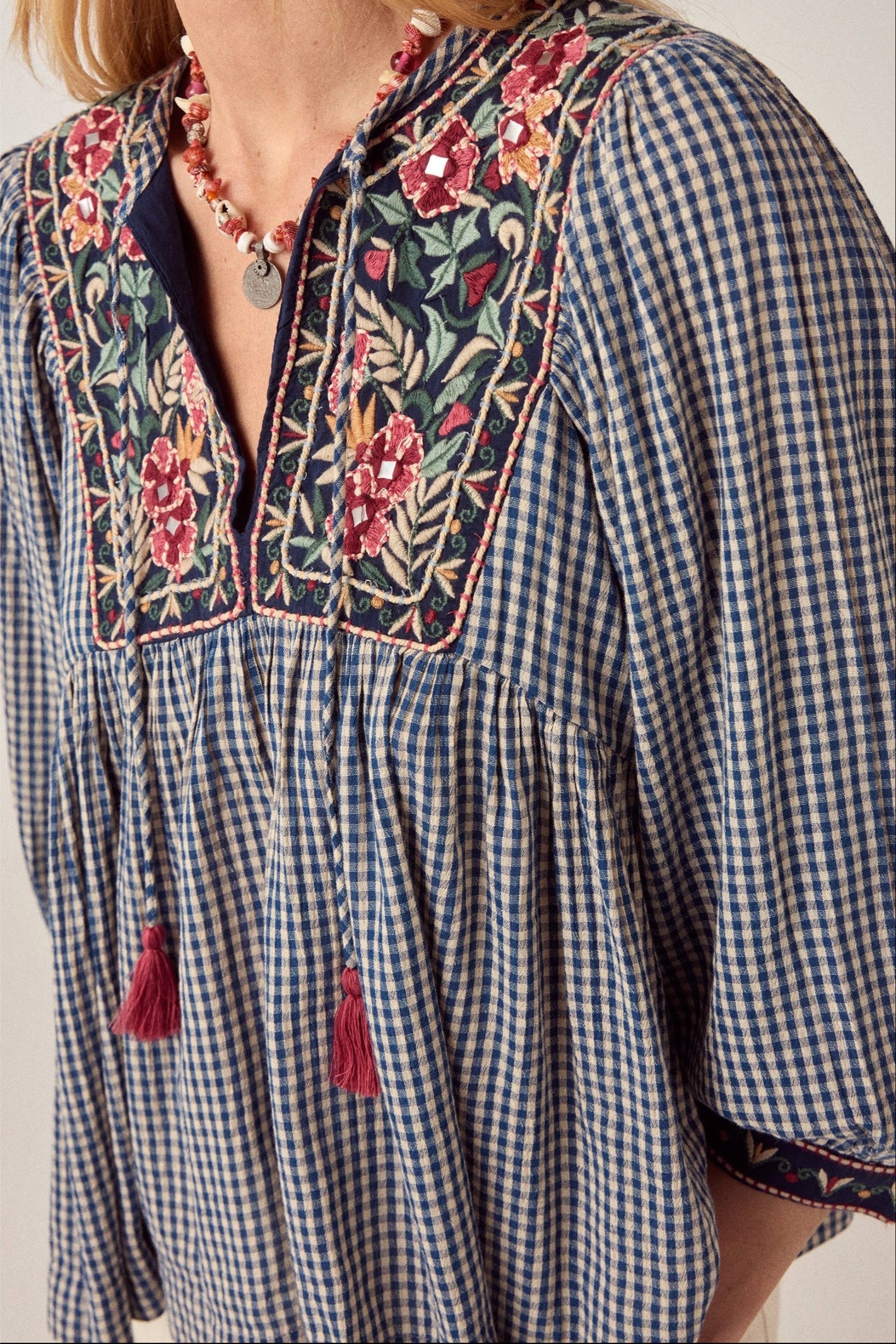 Close-up of Maison Hotel April Blouse Gingham Bloom Bleu Picnic embroidered neckline detail shop Maison Hotel at Dotique gallery 1