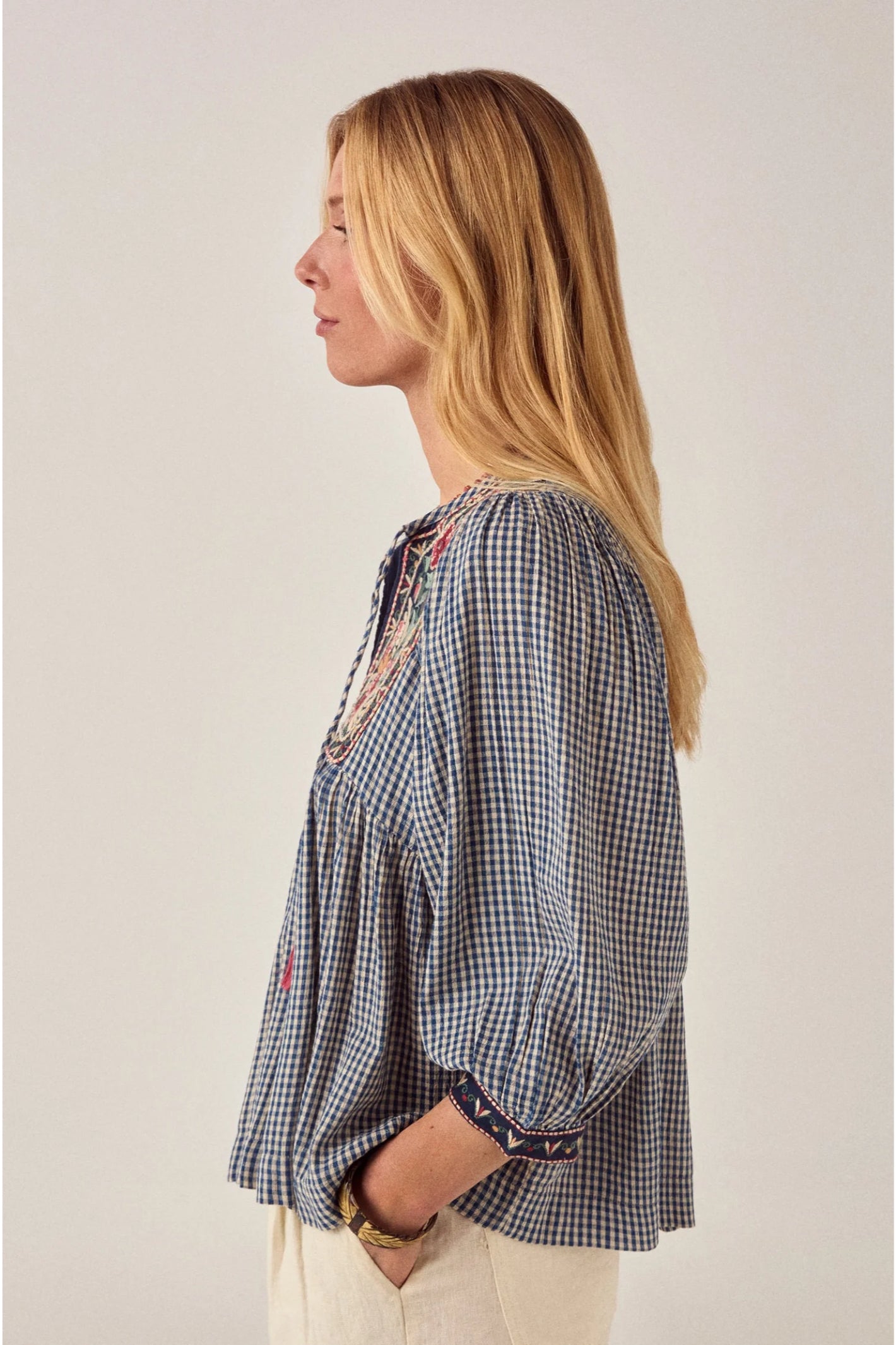 Side view of Maison Hotel April Blouse Gingham Bloom Bleu Picnic by Maison Hotel Shop Maison Hotel at Dotique gallery 1