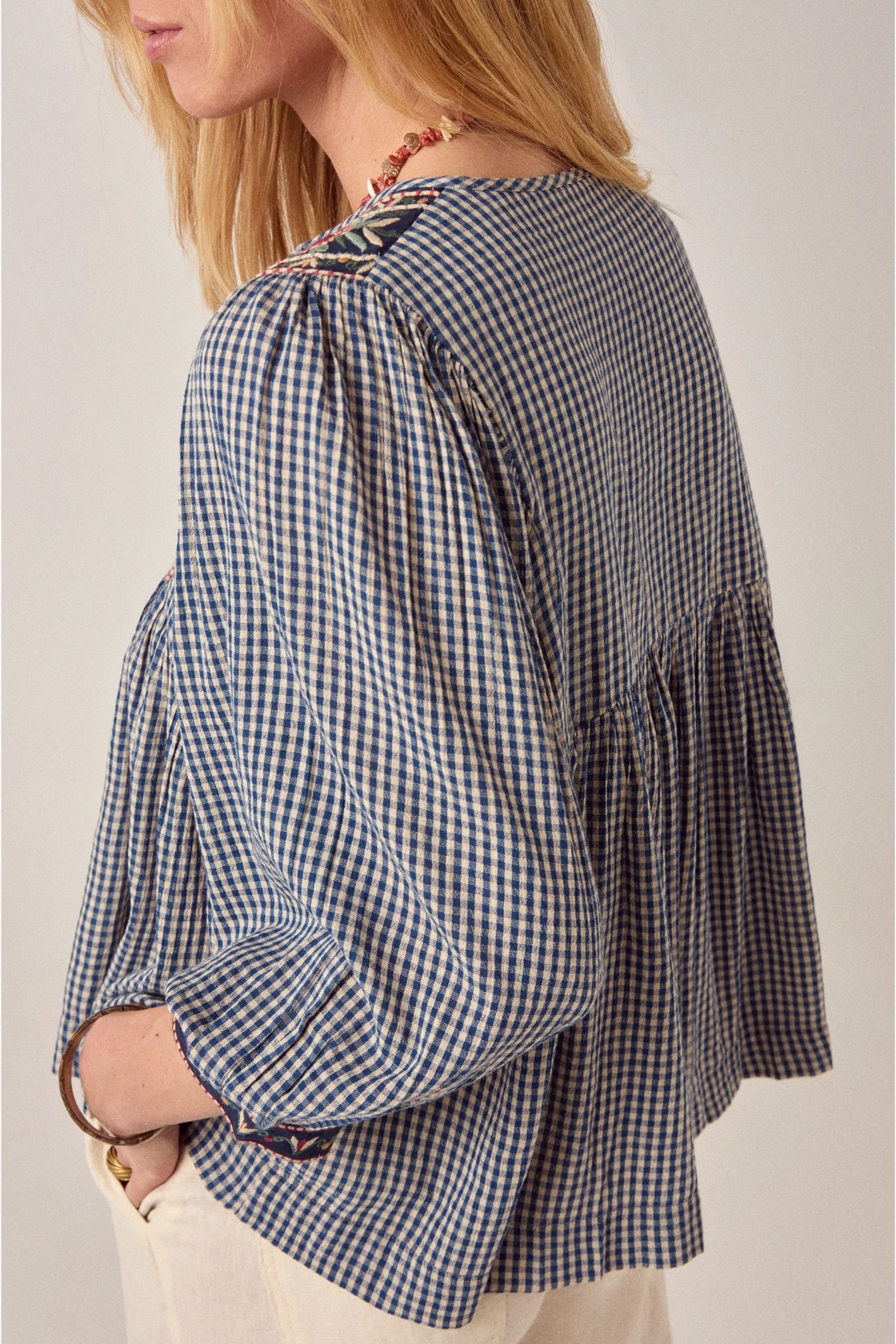 Back view of Maison Hotel April Blouse Gingham Bloom Bleu Picnic relaxed fit by Maison Hotel Shop at Dotique gallery 1