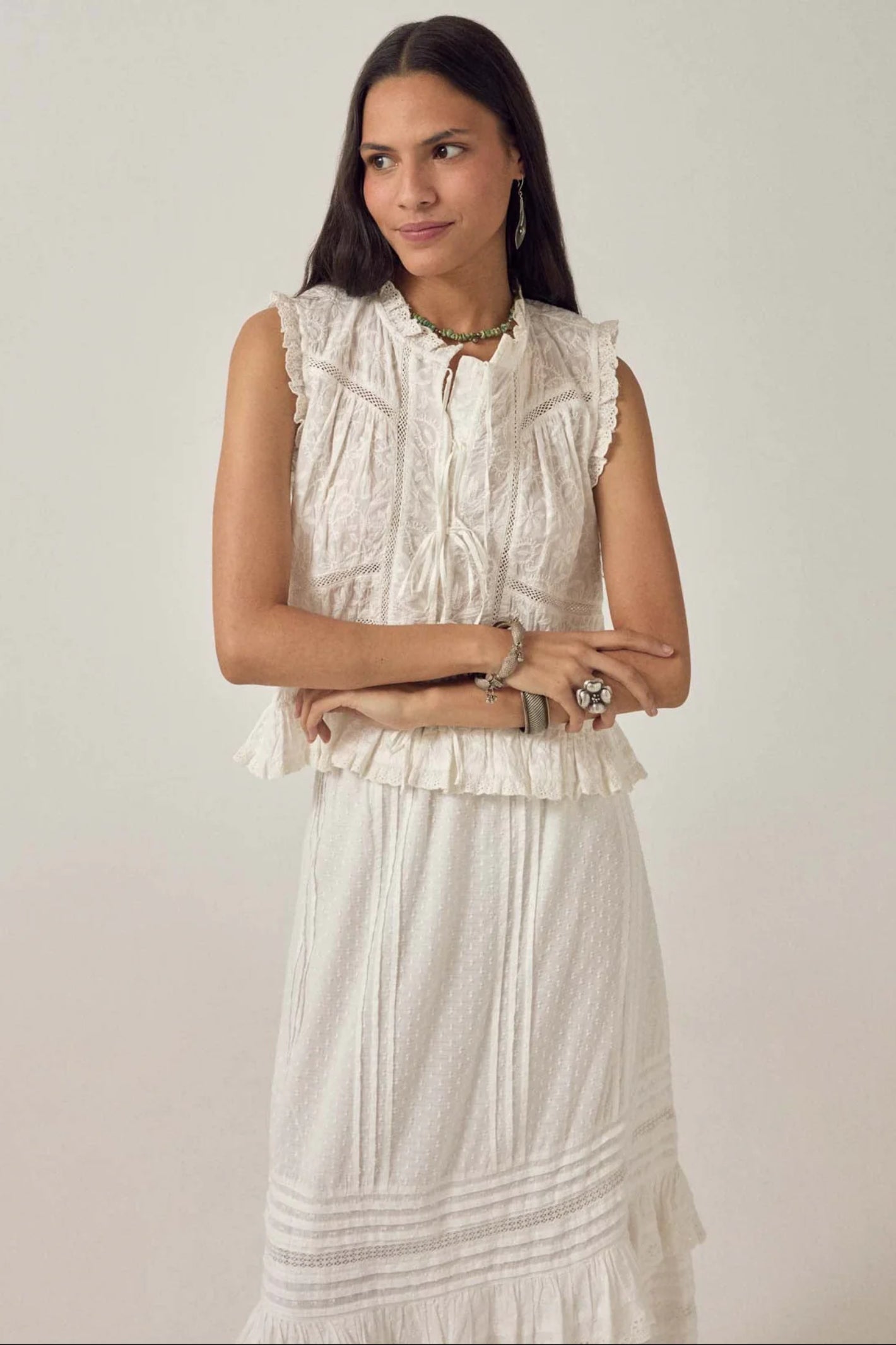 Maison Hotel Camila Top Full Moon sleeveless ivory embroidered top styled on model Shop Maison Hotel at Dotique gallery 1