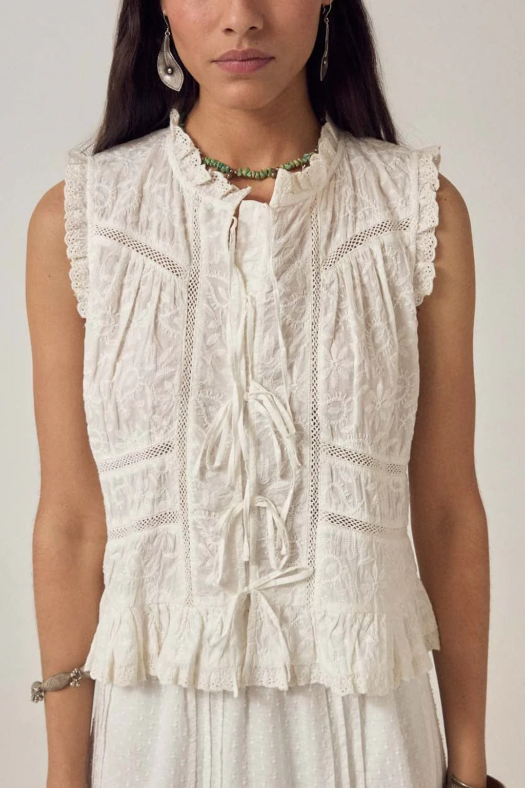 Maison Hotel Camila Top Full Moon delicate embroidered sleeveless top styled on model Shop Maison Hotel at Dotique gallery 1