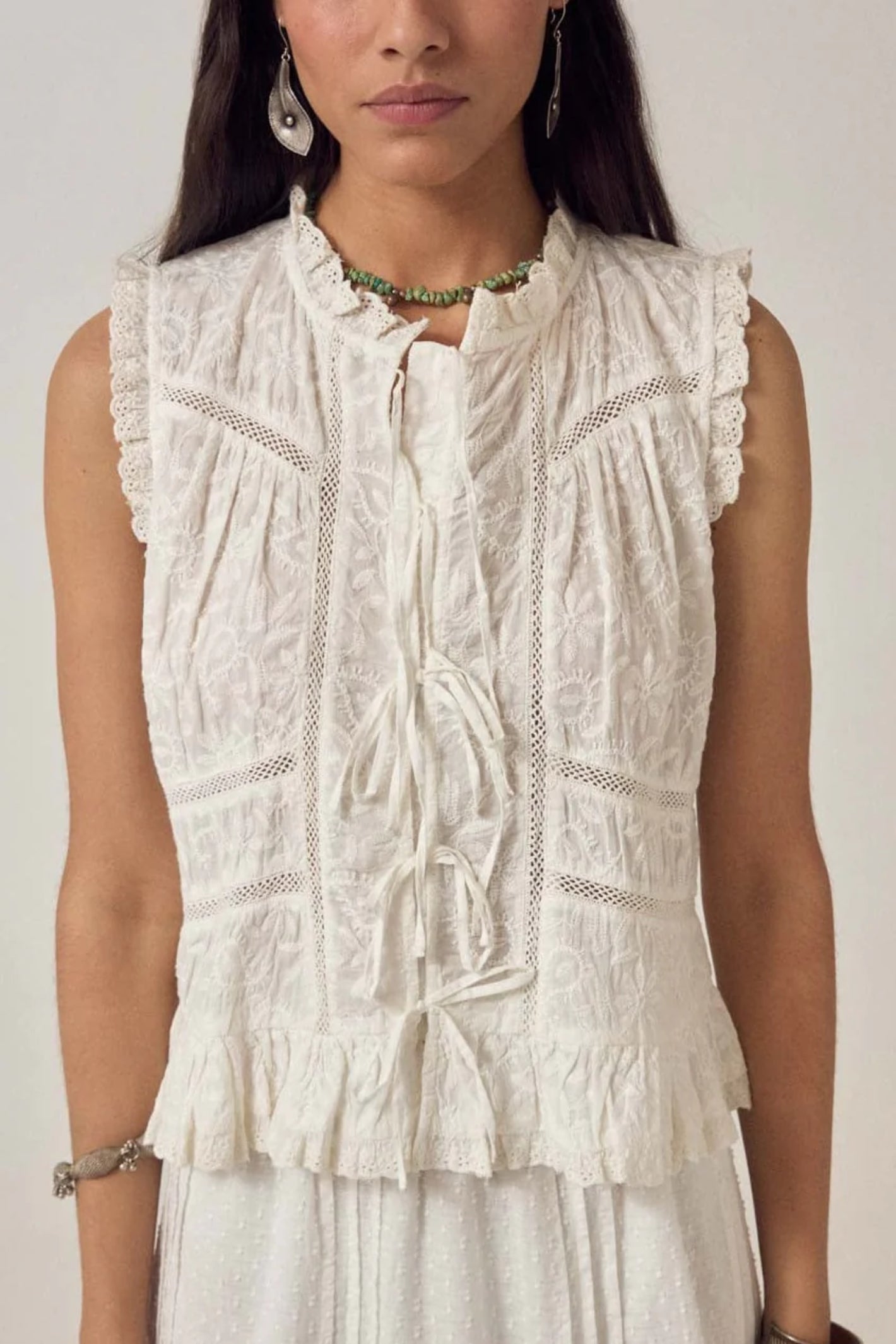 Maison Hotel Camila Top Full Moon delicate embroidered sleeveless top styled on model Shop Maison Hotel at Dotique gallery 1