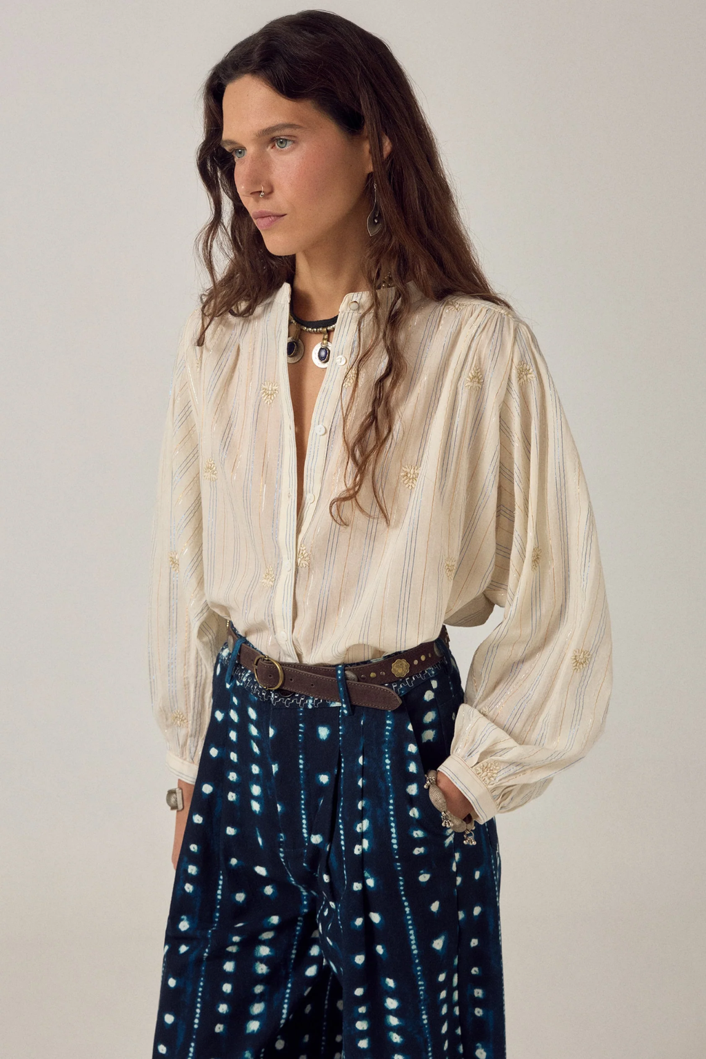 Woman wearing Maison Hotel Caroline Blouse Off White by Maison Hotel featuring delicate embroidery, shop Maison Hotel at Dotique.