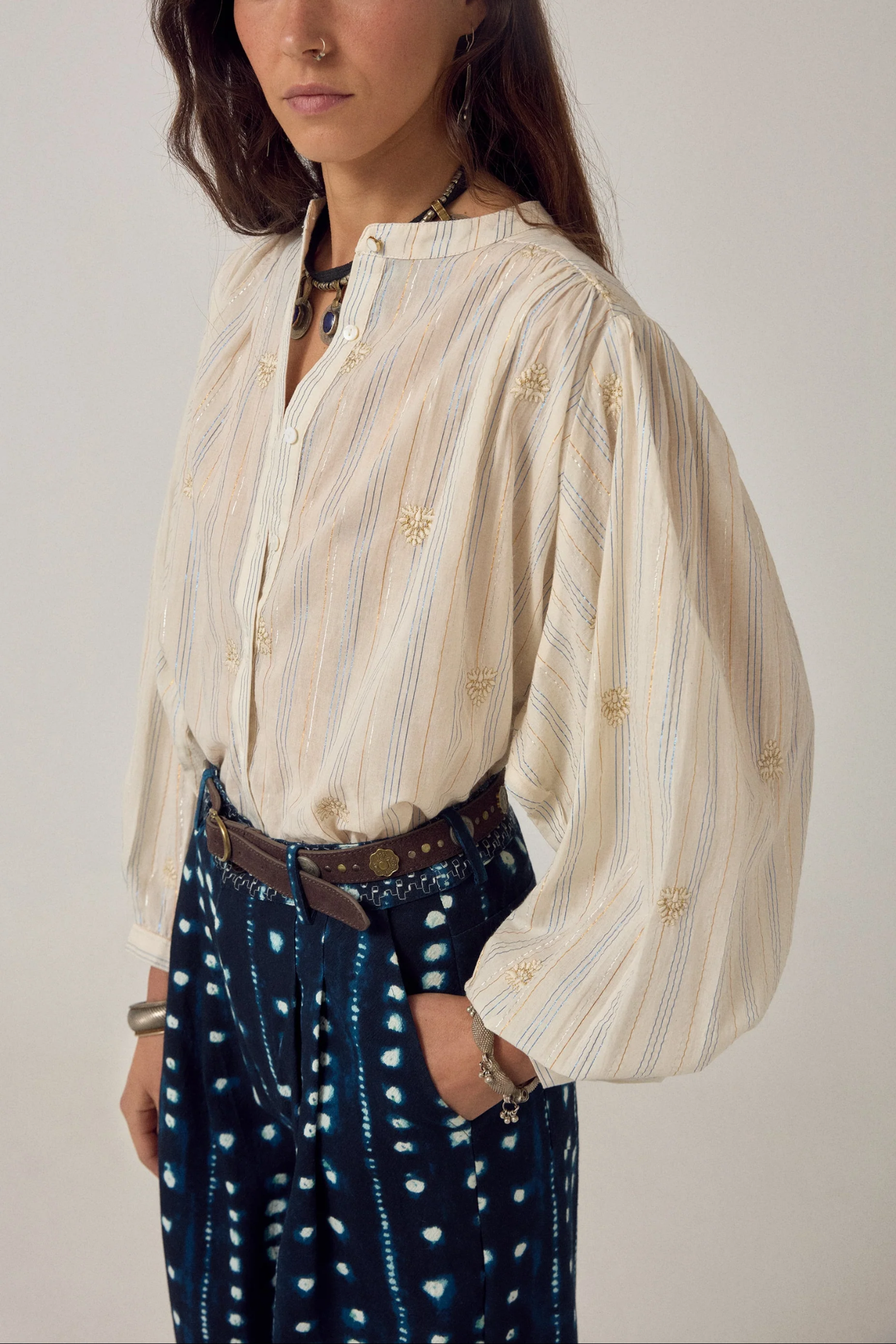 Model wearing Maison Hotel Caroline Blouse Off White by Maison Hotel, featuring delicate embroidery, shop Maison Hotel at Dotique online.