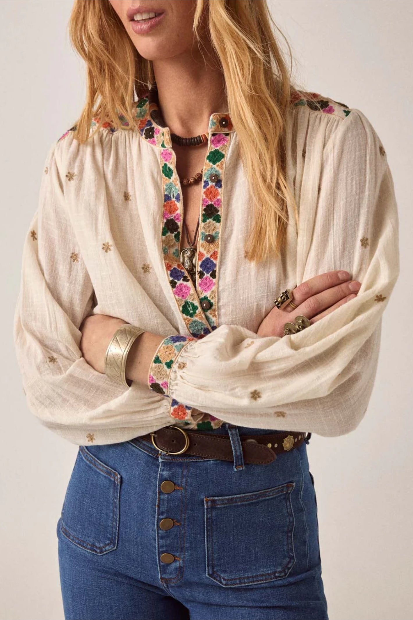 Close-up front view of Maison Hotel Cleo Blouse Udaipur with floral trim worn by model Shop Maison Hotel at Dotique gallery 1