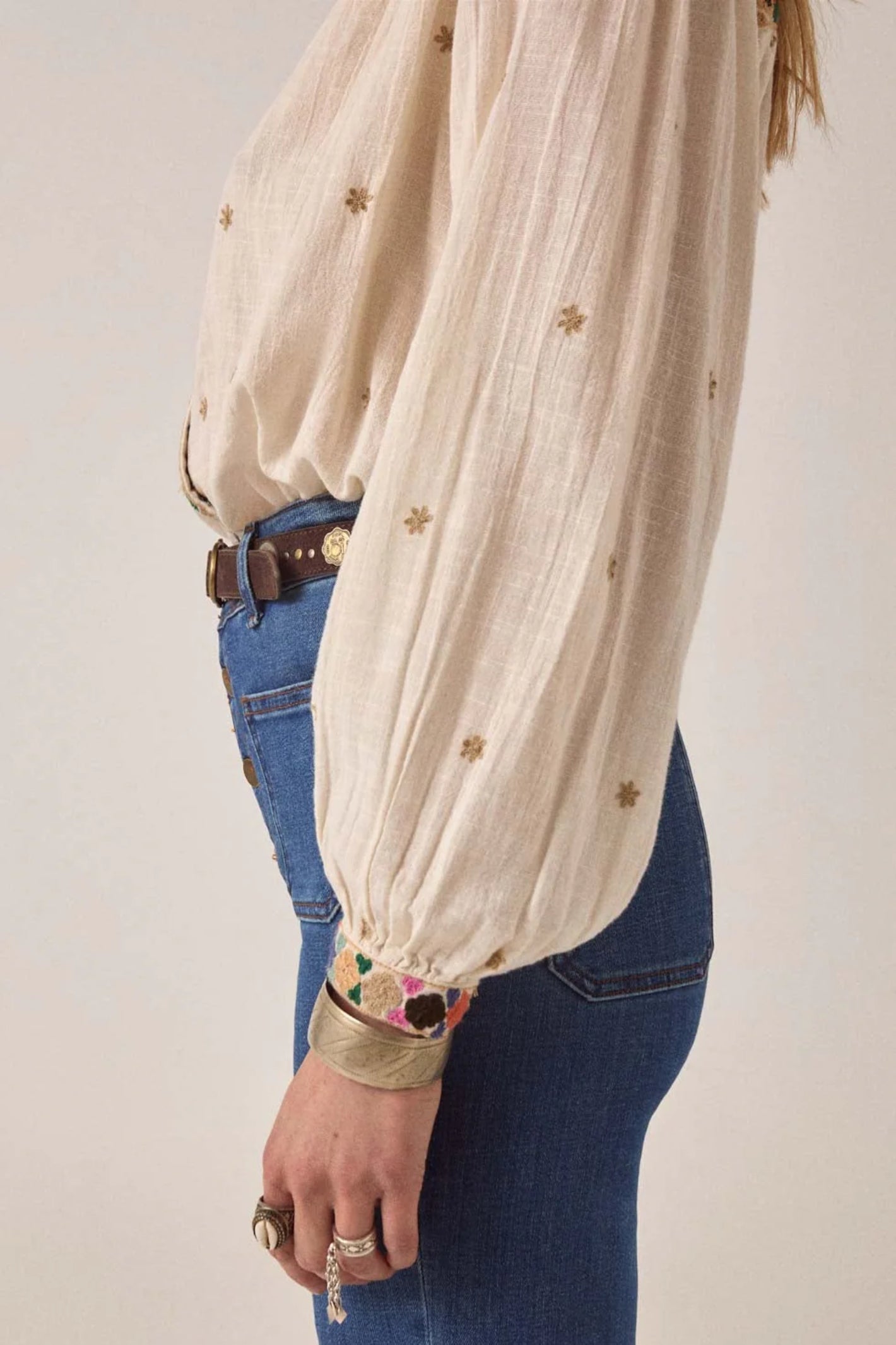 Side detail of Maison Hotel Cleo Blouse Udaipur featuring embroidered sleeve cuff Shop Maison Hotel at Dotique gallery 1