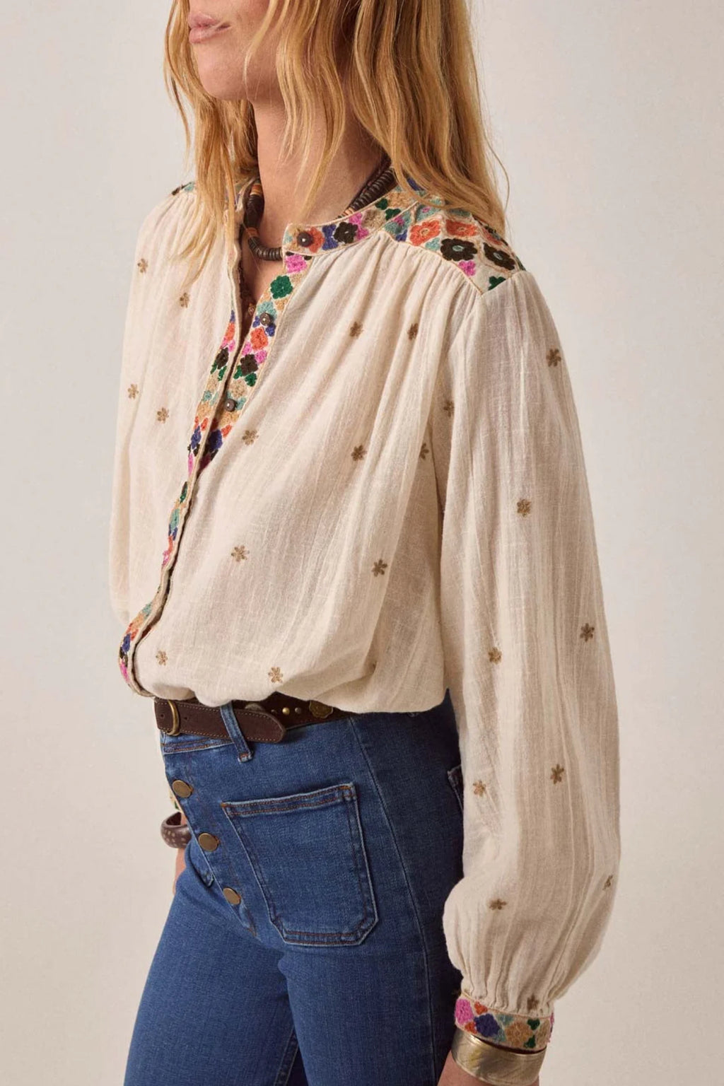 Side view of Maison Hotel Cleo Blouse Udaipur with floral embroidered neck and cuffs Shop Maison Hotel at Dotique gallery 1