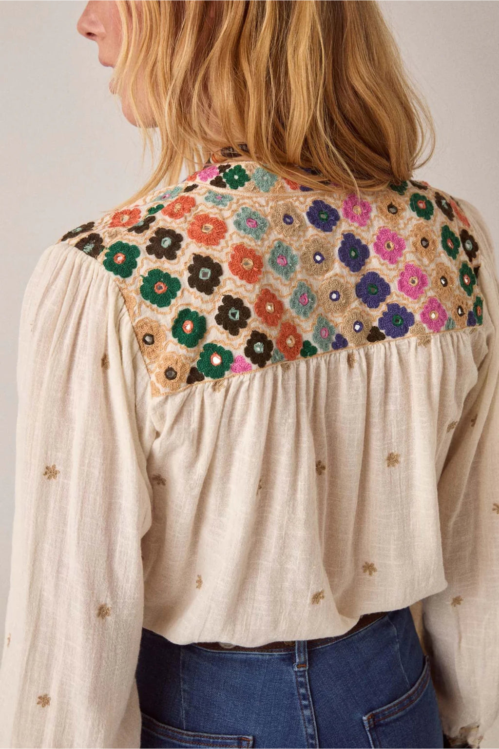 Back view of Maison Hotel Cleo Blouse Udaipur with vibrant floral embroidery Shop Maison Hotel at Dotique gallery 1