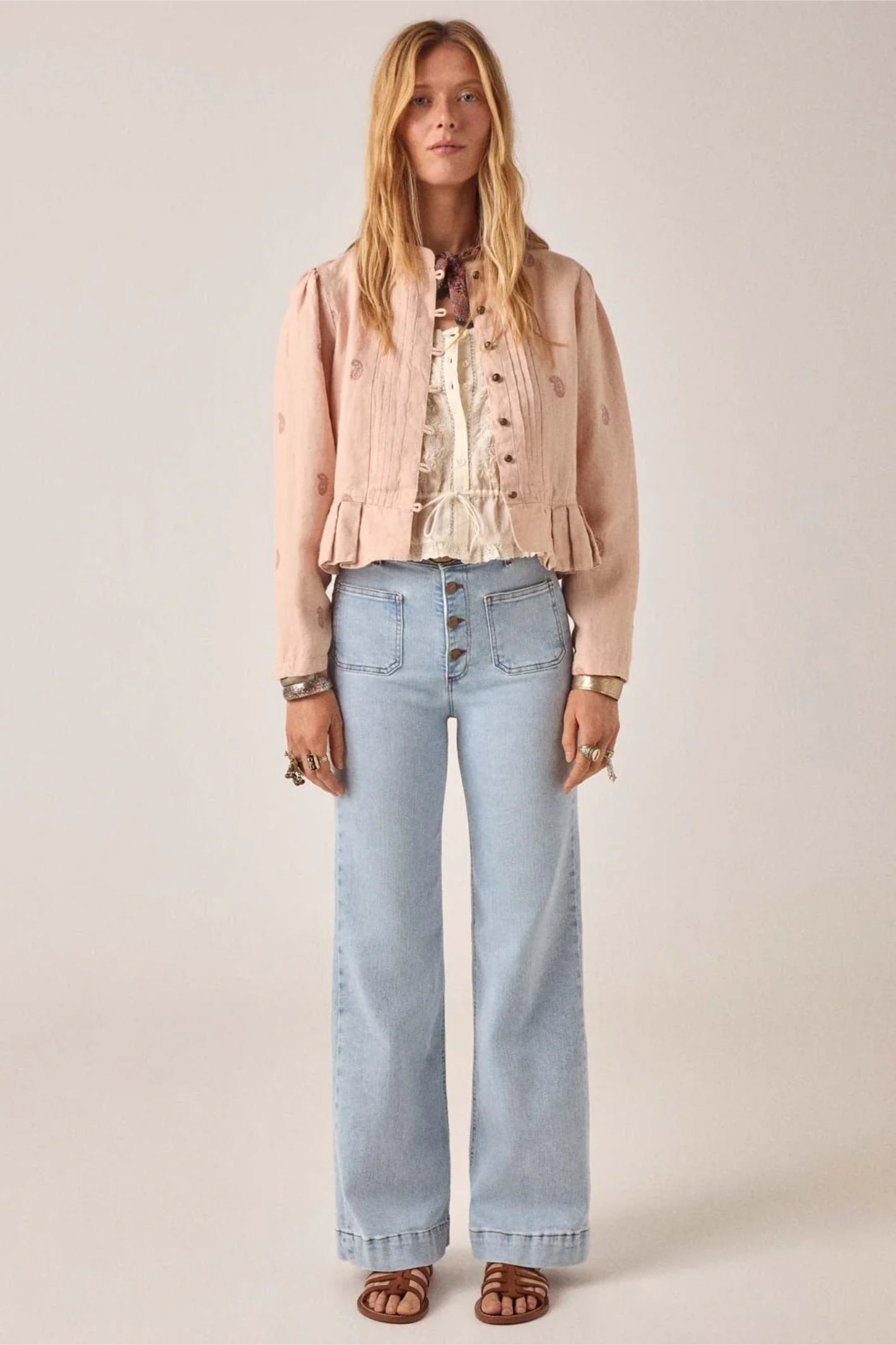 Front view of model wearing Maison Hotel Edgar Jacket Antique Blush styled outfit Shop Maison Hotel at Dotique gallery 1