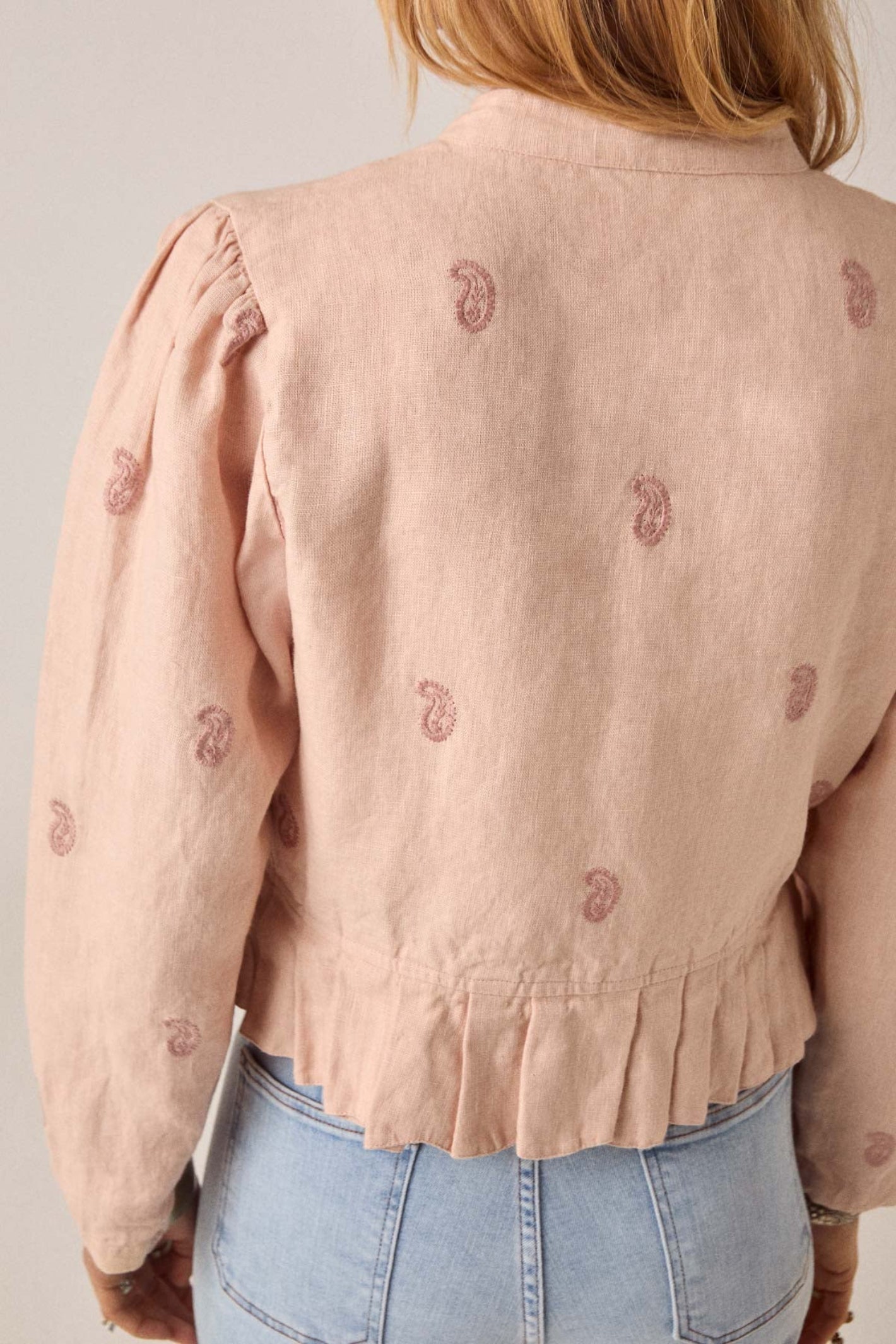 Back view gallery 1 of Maison Hotel Edgar Jacket Antique Blush with paisley print and pleated hem Shop Maison Hotel at Dotique