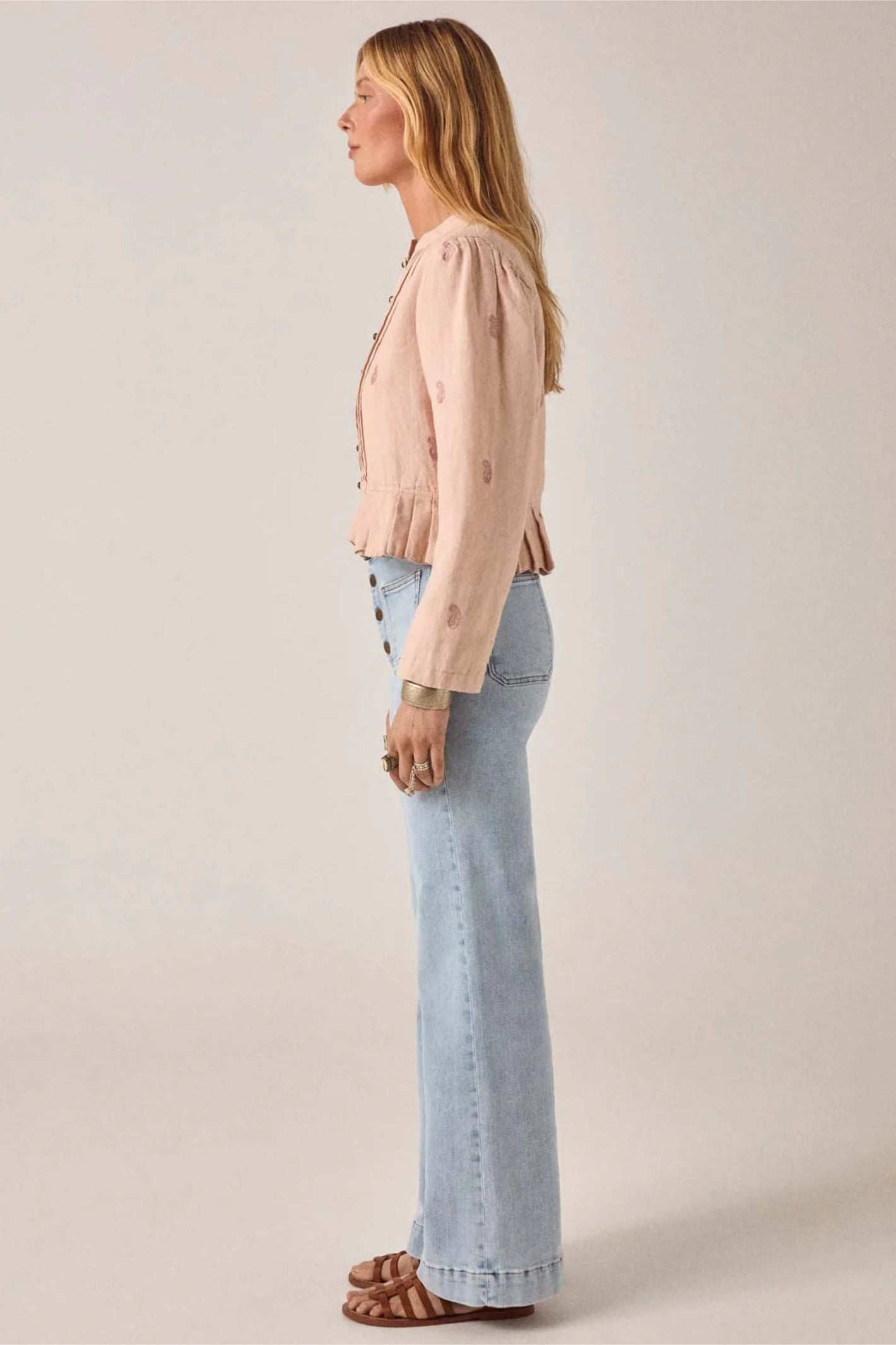 Side profile gallery 1 of Maison Hotel Edgar Jacket Antique Blush styled on model Shop Maison Hotel at Dotique