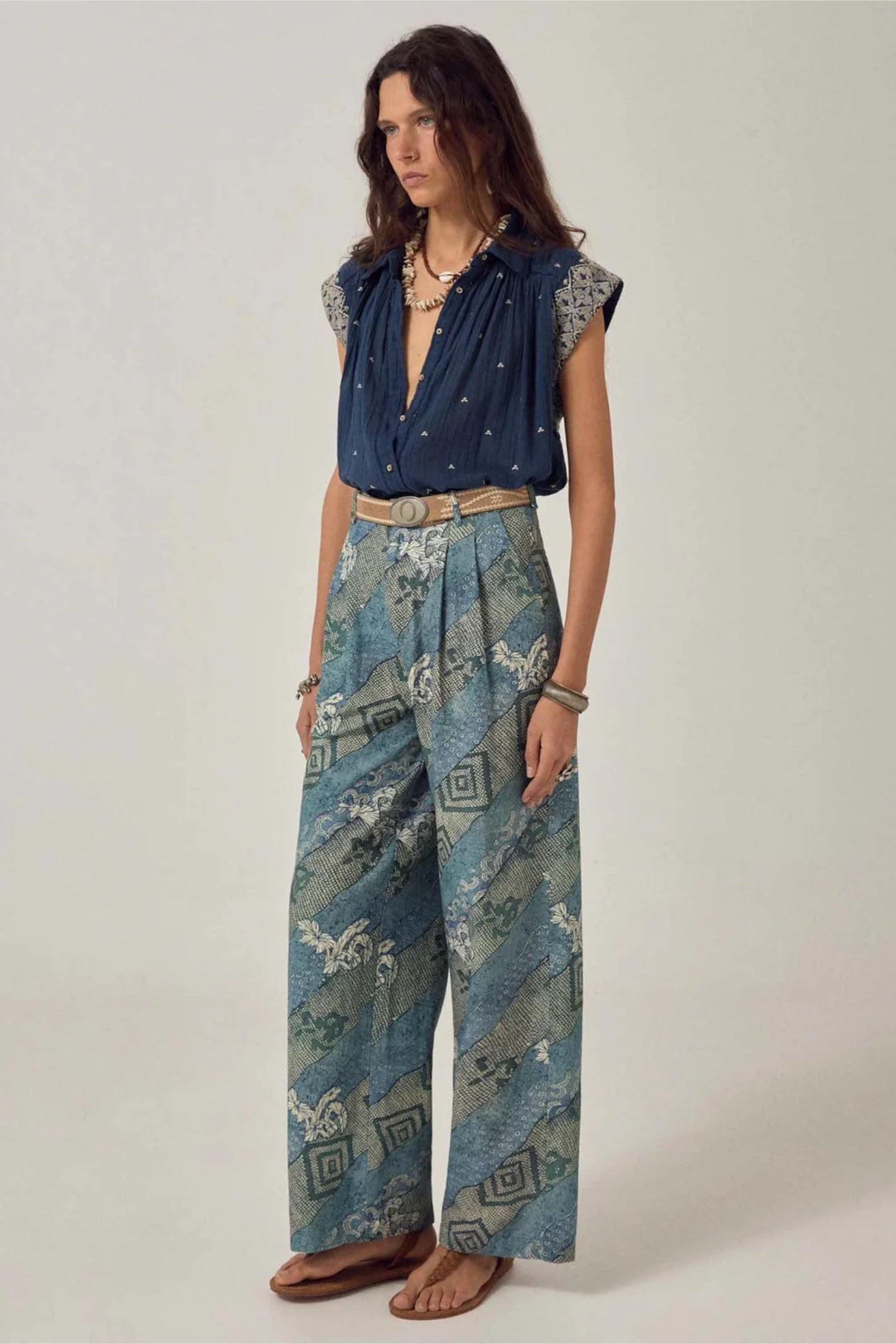 Maison Hotel Karina Sleeveless Shirt Deep River styled on model front gallery 1 Shop Maison Hotel at Dotique