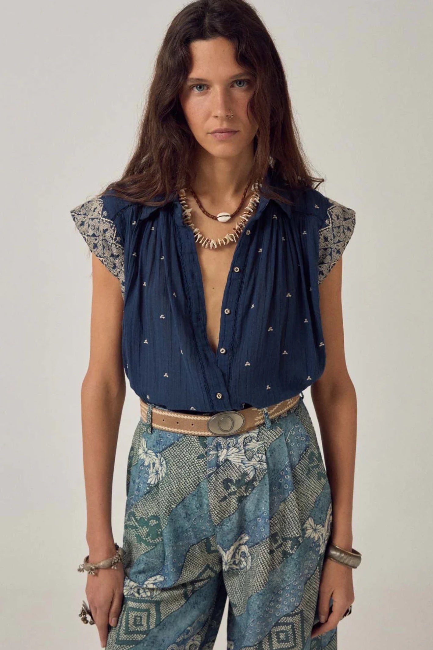 Maison Hotel Karina Sleeveless Shirt Deep River front view styled on model Shop Maison Hotel at Dotique gallery 1