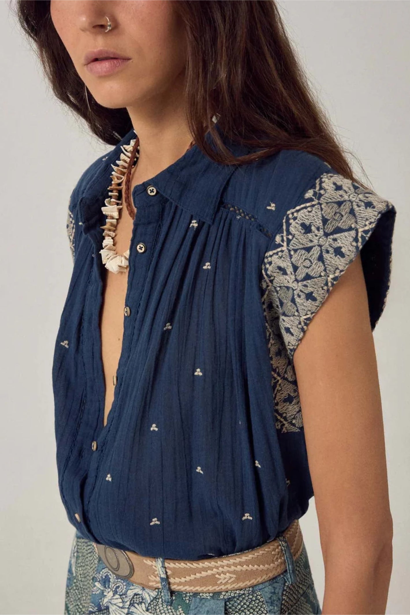 Maison Hotel Karina Sleeveless Shirt Deep River detailed front view styled on model Shop Maison Hotel at Dotique gallery 1