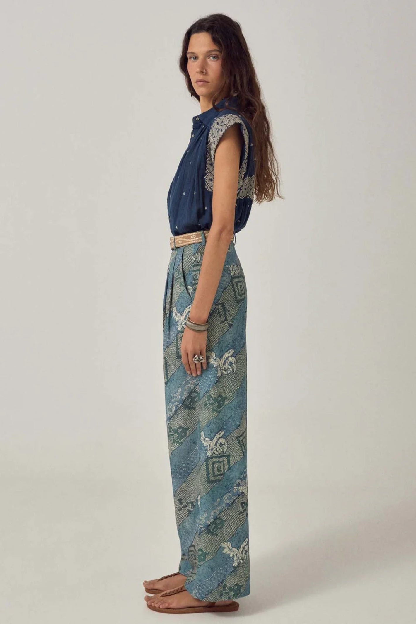 Maison Hotel Karina Sleeveless Shirt Deep River side profile styled on model Shop Maison Hotel at Dotique gallery 1