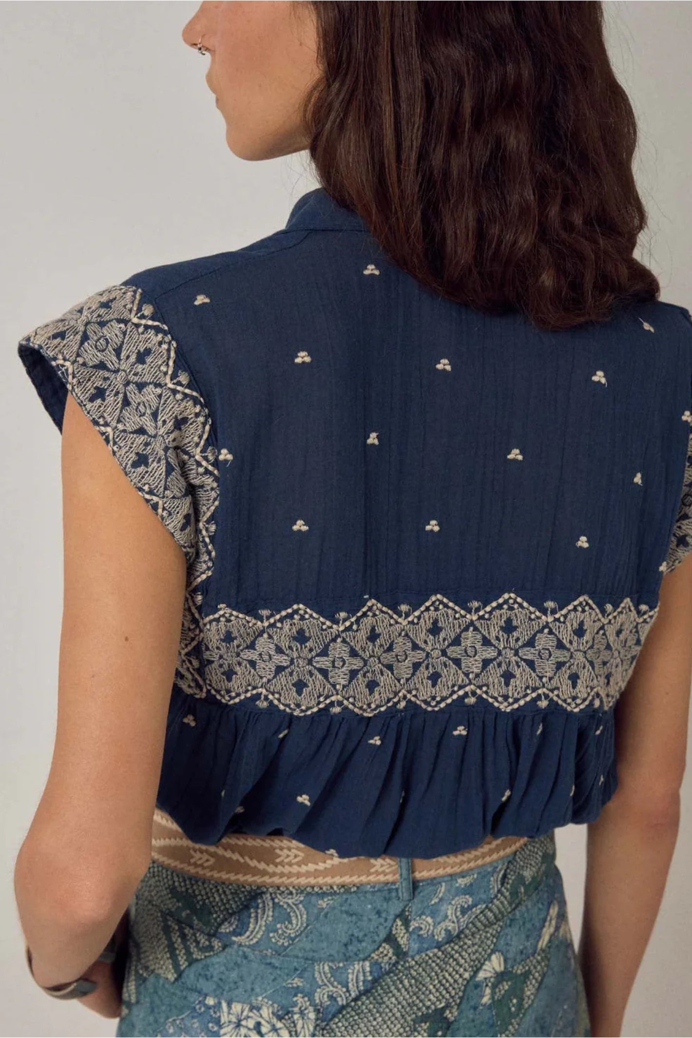 Maison Hotel Karina Sleeveless Shirt Deep River detailed back view on model Shop Maison Hotel at Dotique gallery 1