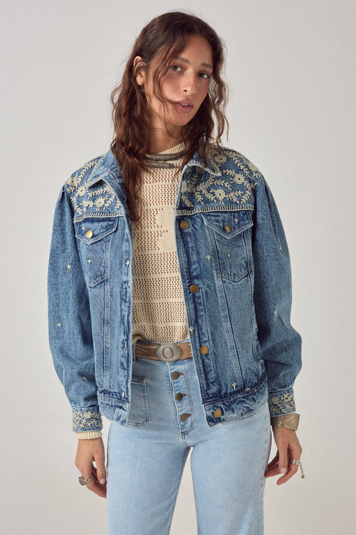 Front view of model wearing Maison Hotel Loretta Jacket Arizona Haze with embroidered details Shop Maison Hotel at Dotique gallery 1