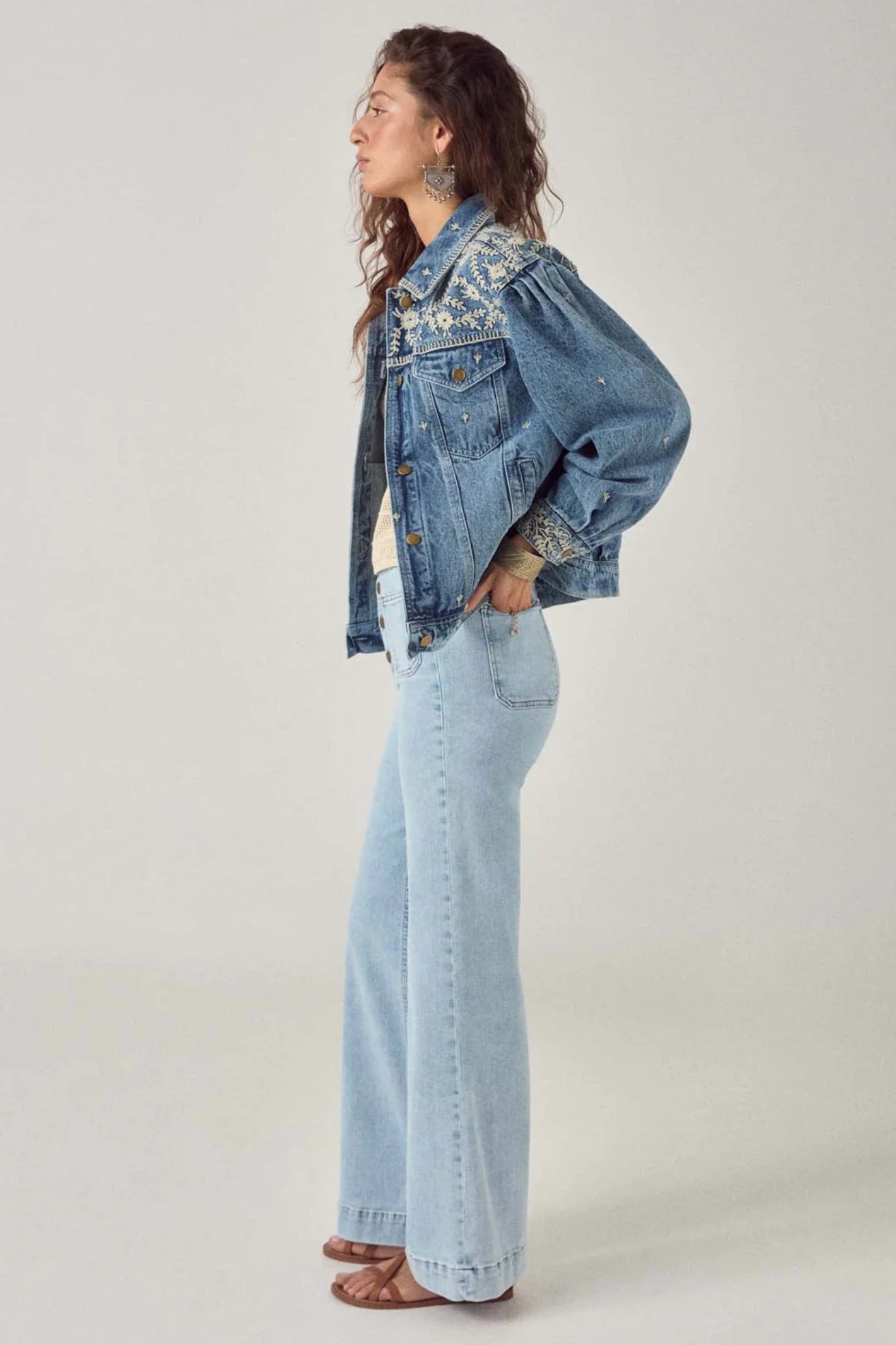 Side profile of model wearing Maison Hotel Loretta Jacket Arizona Haze with embroidered details Shop Maison Hotel at Dotique gallery 1