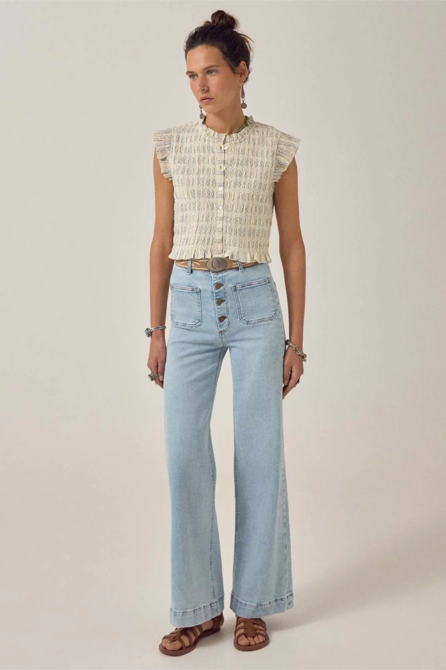 Maison Hotel Omaras Sleeveless Blouse Cloud Thread front view styled on model Shop Maison Hotel at Dotique gallery 1