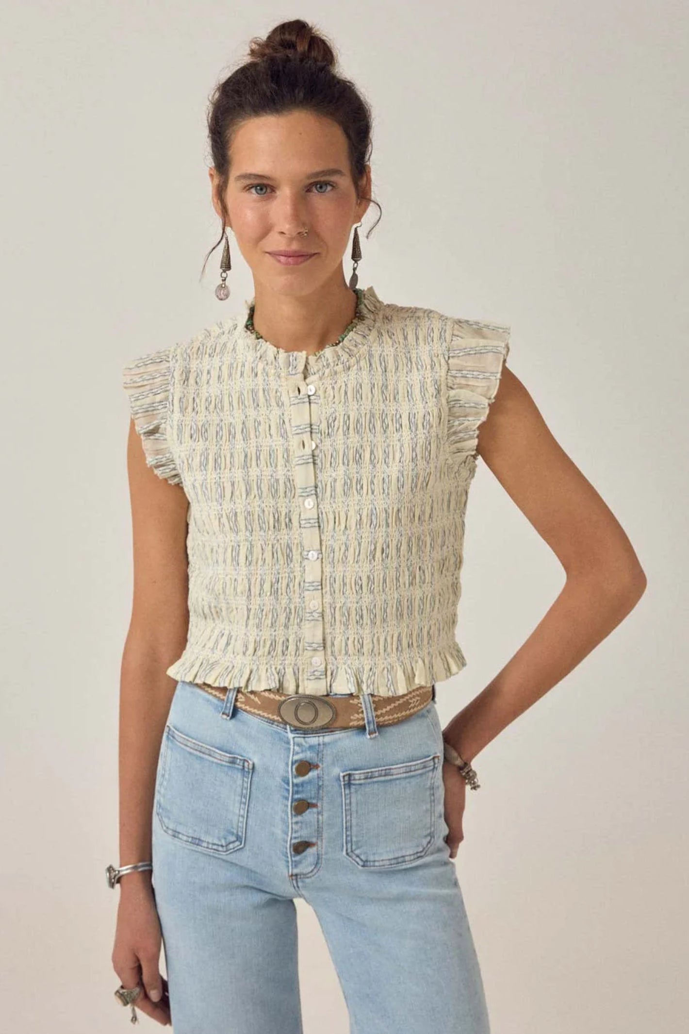 Maison Hotel Omaras Sleeveless Blouse Cloud Thread front view gallery 1 styled on model Shop Maison Hotel at Dotique