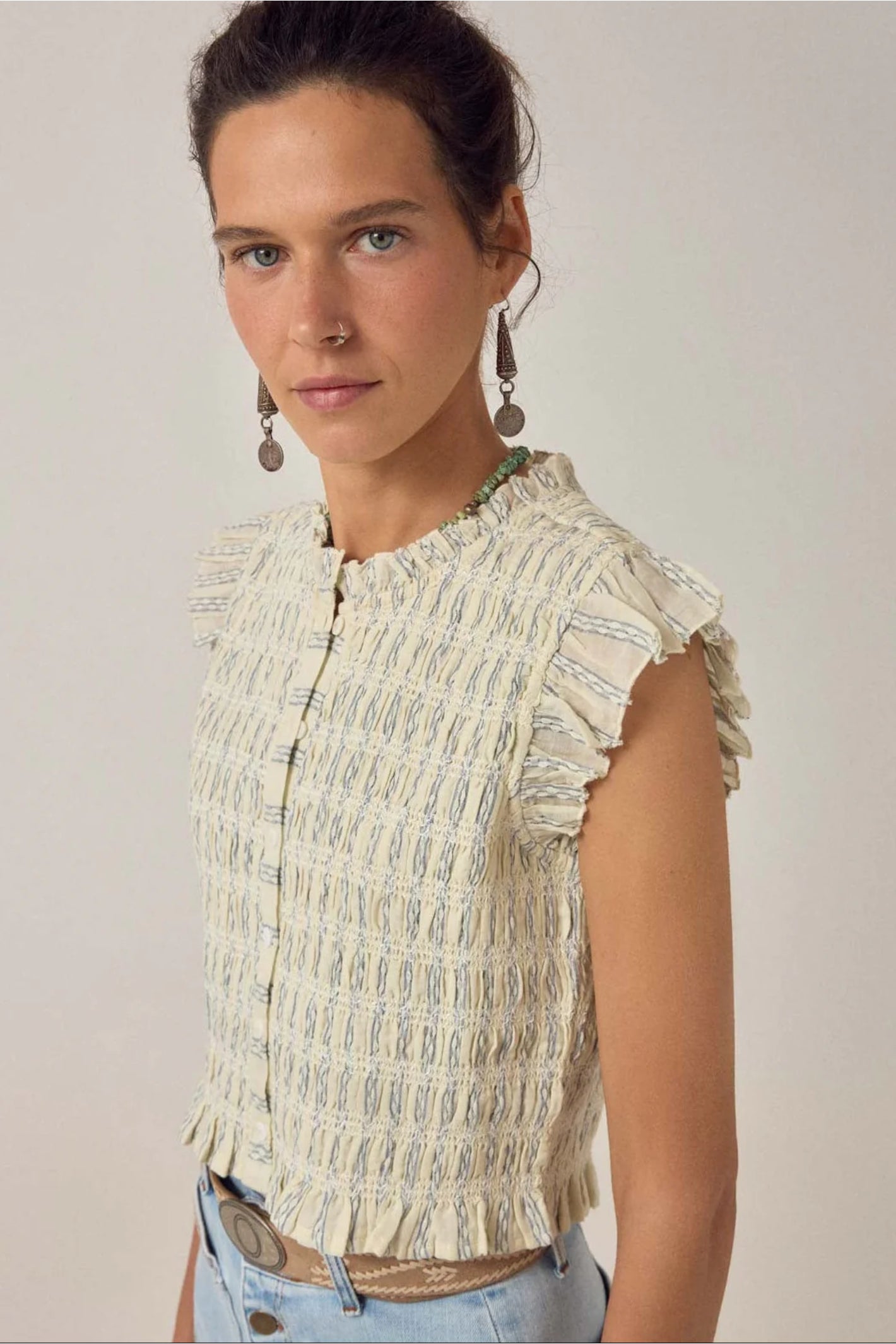 Maison Hotel Omaras Sleeveless Blouse Cloud Thread front gallery 1 styled on model Shop Maison Hotel at Dotique