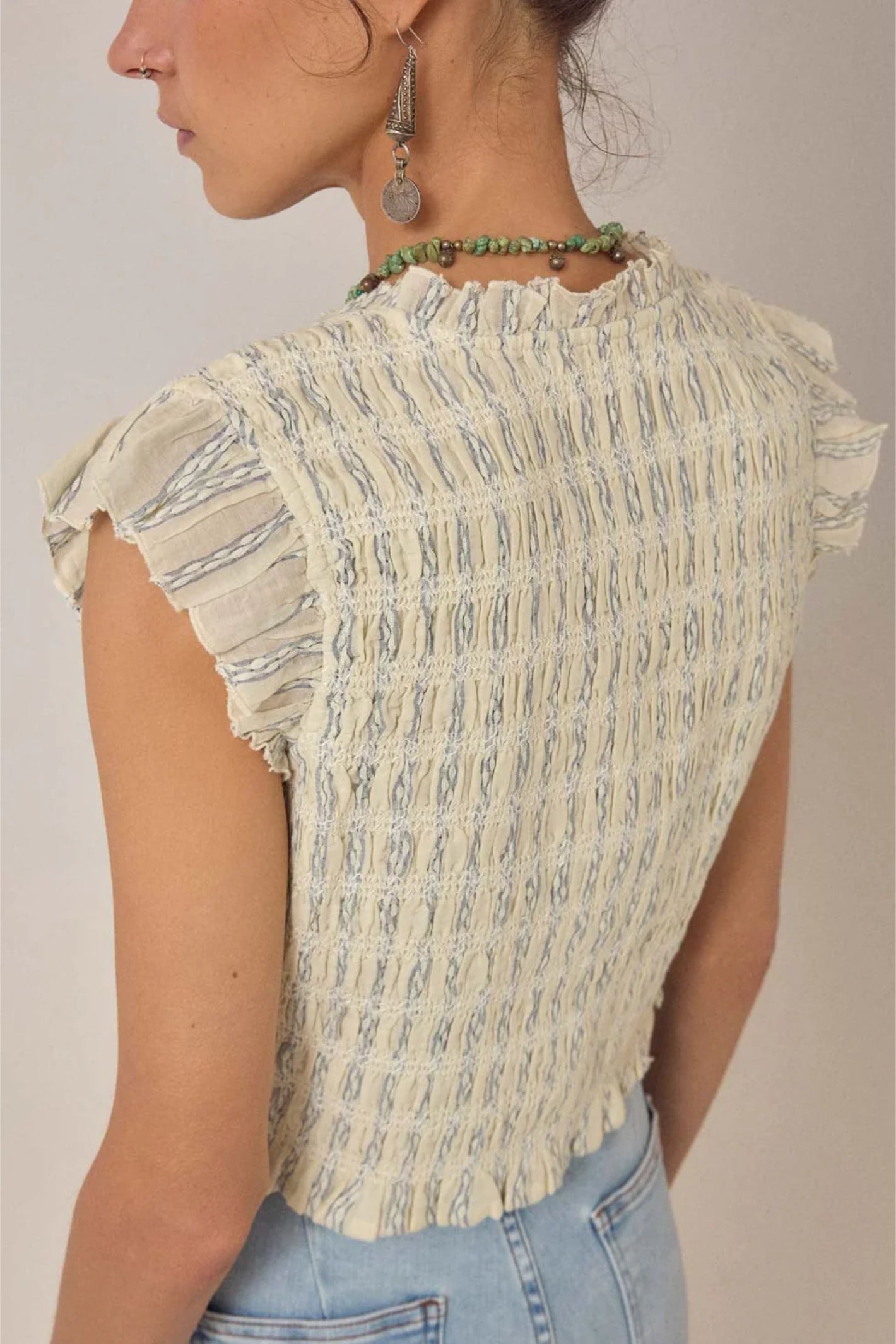 Maison Hotel Omaras Sleeveless Blouse Cloud Thread textured back view on model Shop Maison Hotel at Dotique gallery 1