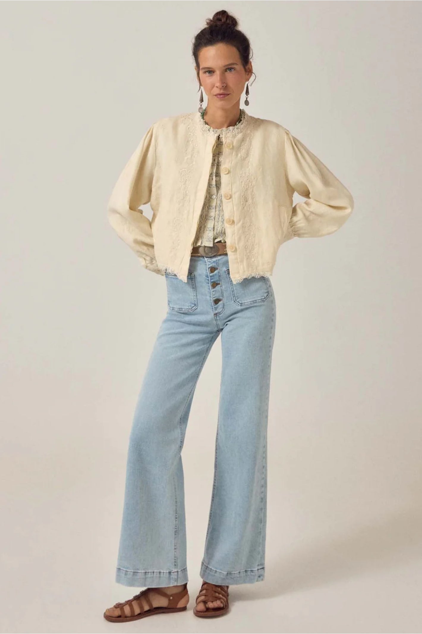 Maison Hotel Omaras Sleeveless Blouse Cloud Thread styled on model with jacket and jeans Shop Maison Hotel at Dotique gallery 1