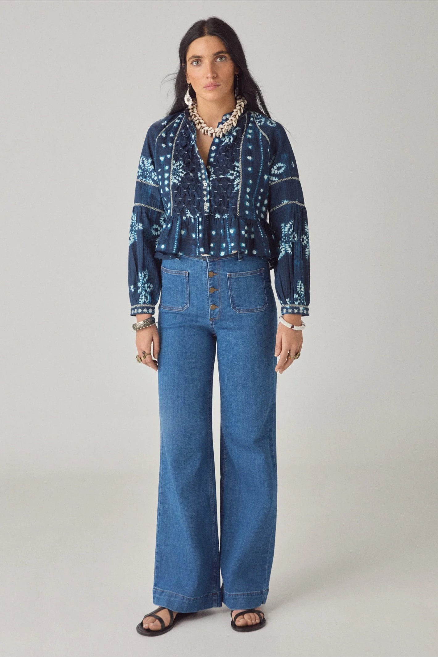 Model wearing Maison Hotel Sora Blouse Shibori Dreams Ocean Ink by Maison Hotel, shop Maison Hotel at Dotique.