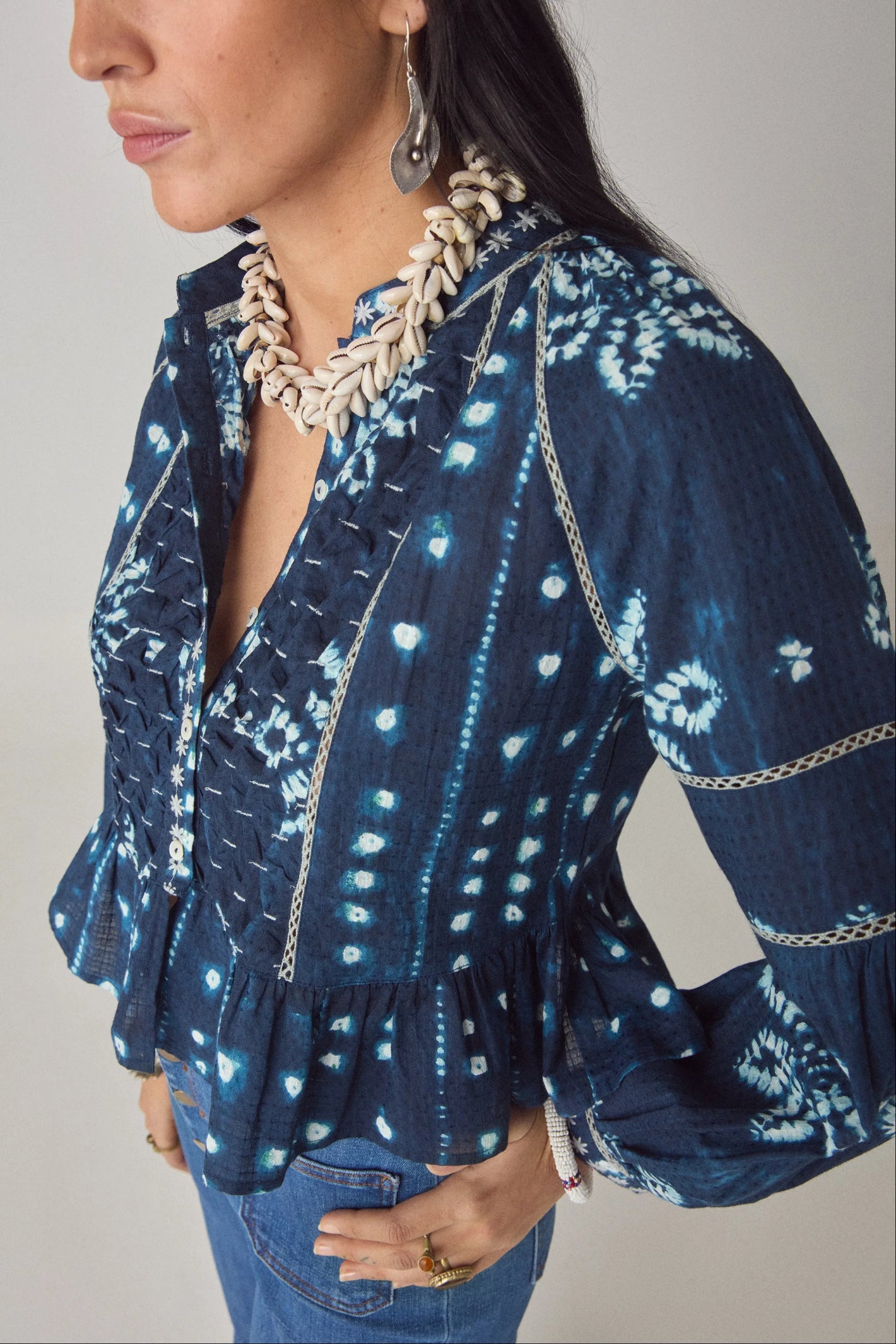 Maison Hotel Sora Blouse Shibori Dreams Ocean Ink by Maison Hotel, shop Maison Hotel at Dotique for stylish blouses.