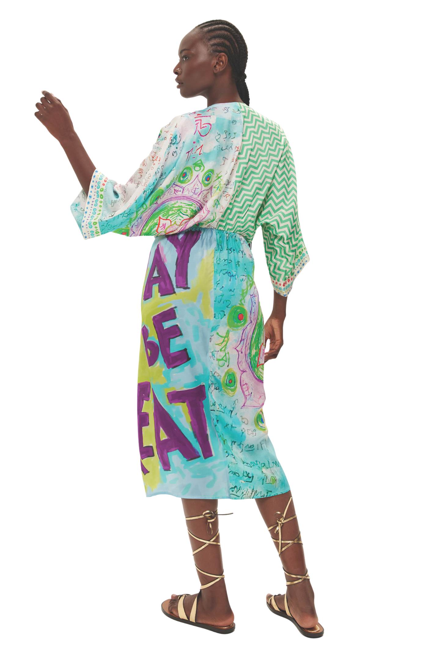 Model wearing Me369 Camila Runic Whisper Dress by Me369 with bold prints, shop Me369 at Dotique for unique styles