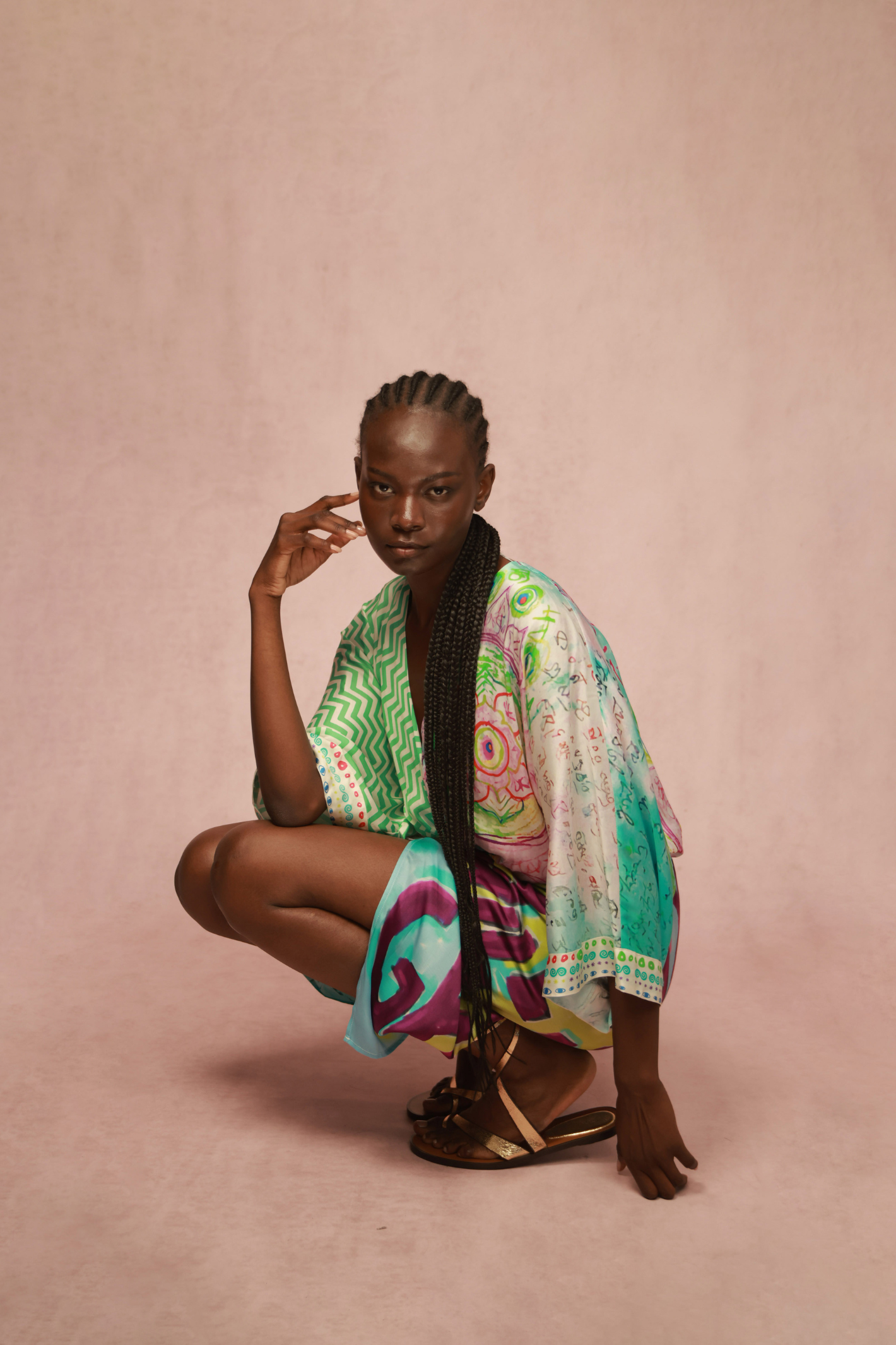 Model wearing Me369 Camila Runic Whisper Dress by Me369 in vibrant colors, shop Me369 at Dotique online.