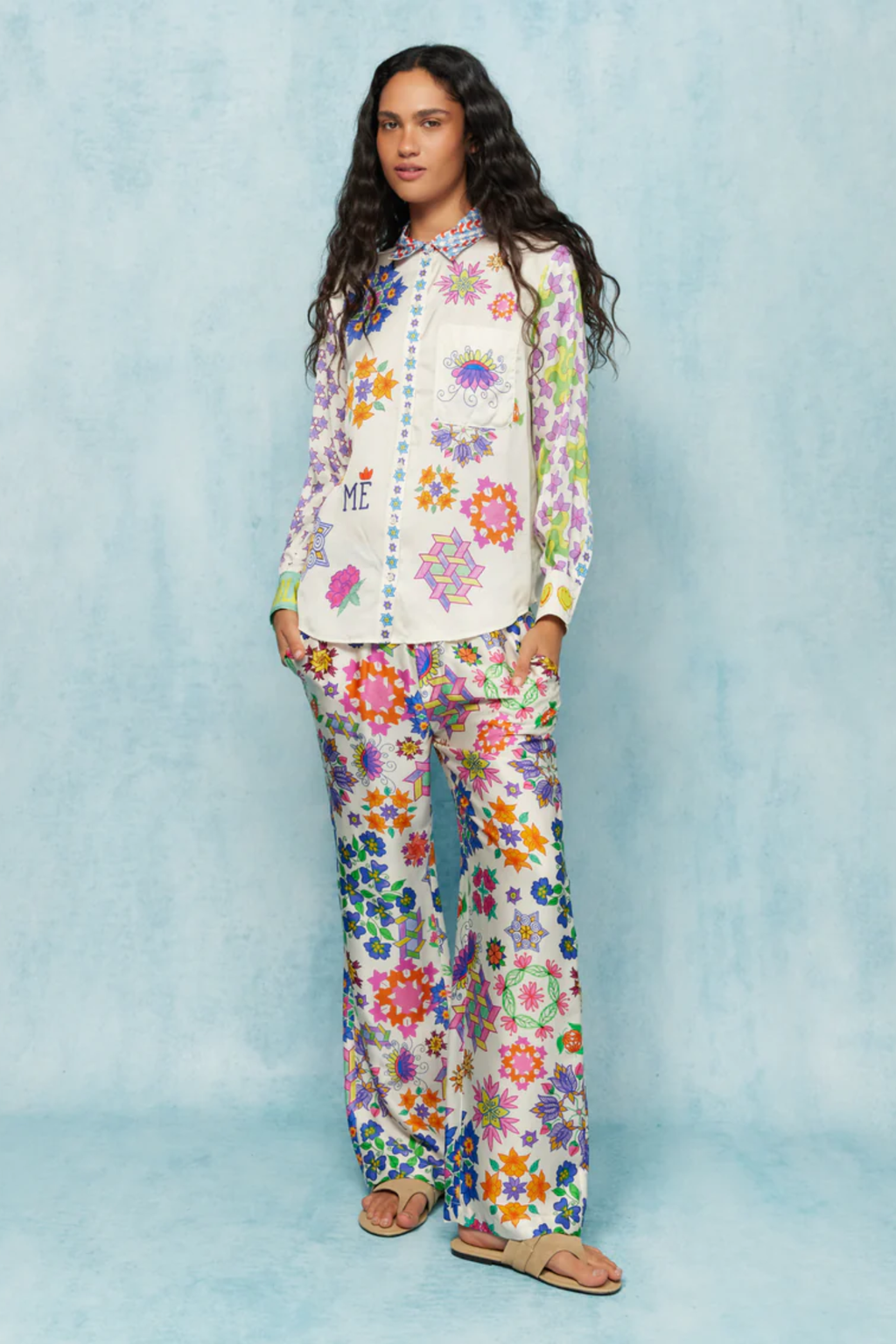 Model wearing Me369 Isabel Markers Printed Shirt by Me369 shop the vibrant collection at Dotique