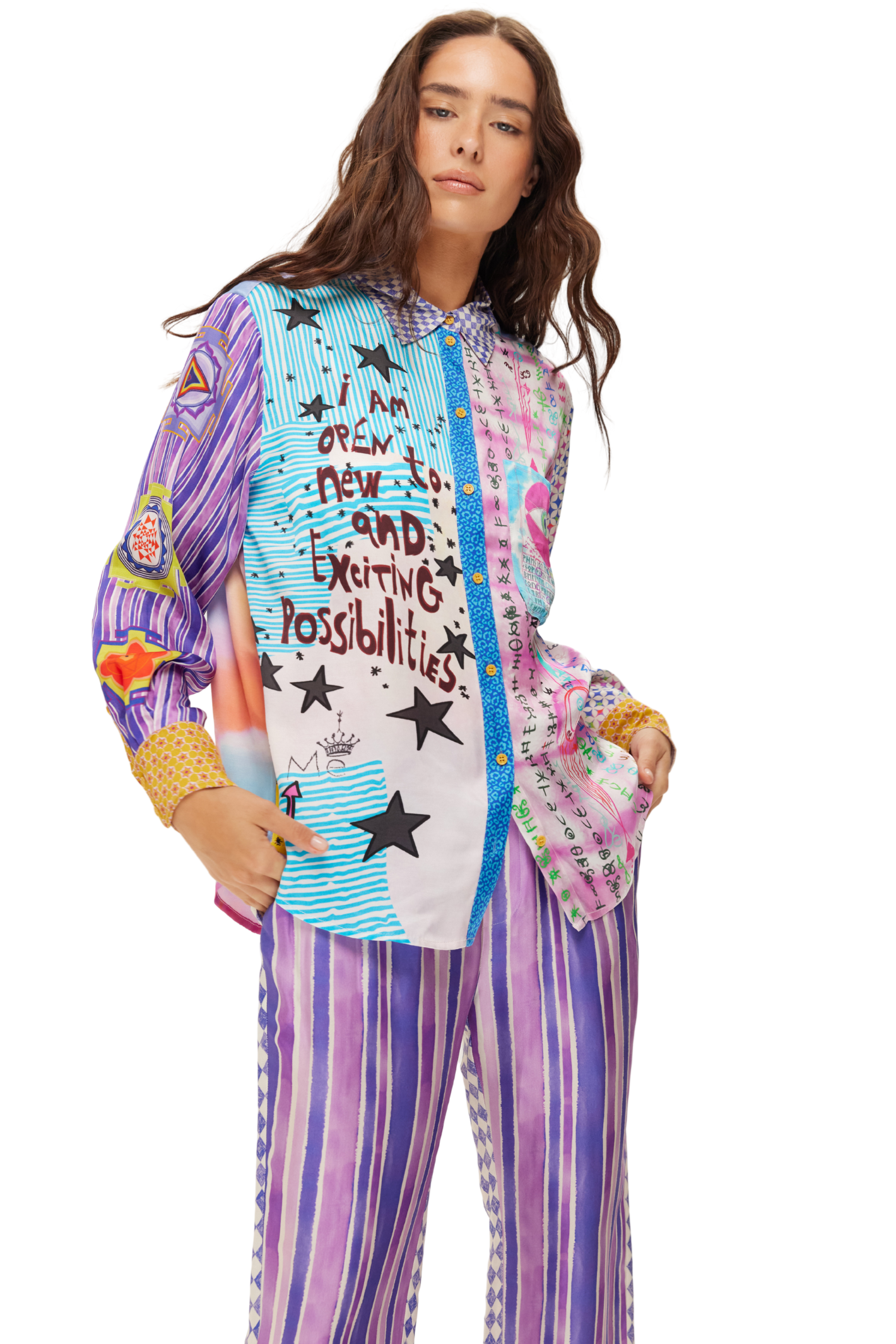 Model wearing Me369 Isabel Runic Whisper Printed Shirt by Me369, shop the bold design at Dotique for creative expression.
