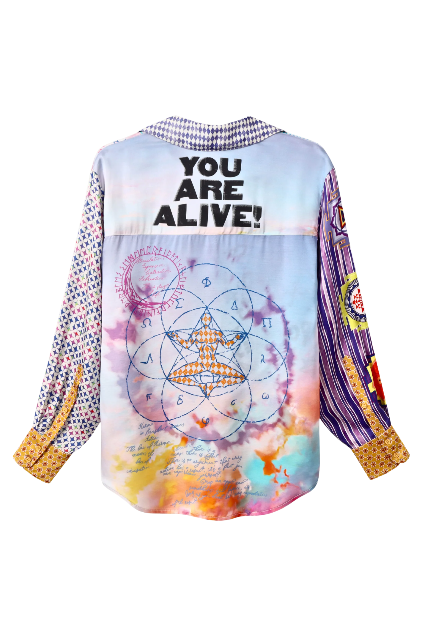 Me369 Isabel Runic Whisper Printed Shirt with bold typography and design, shop Me369 at Dotique for unique styles.