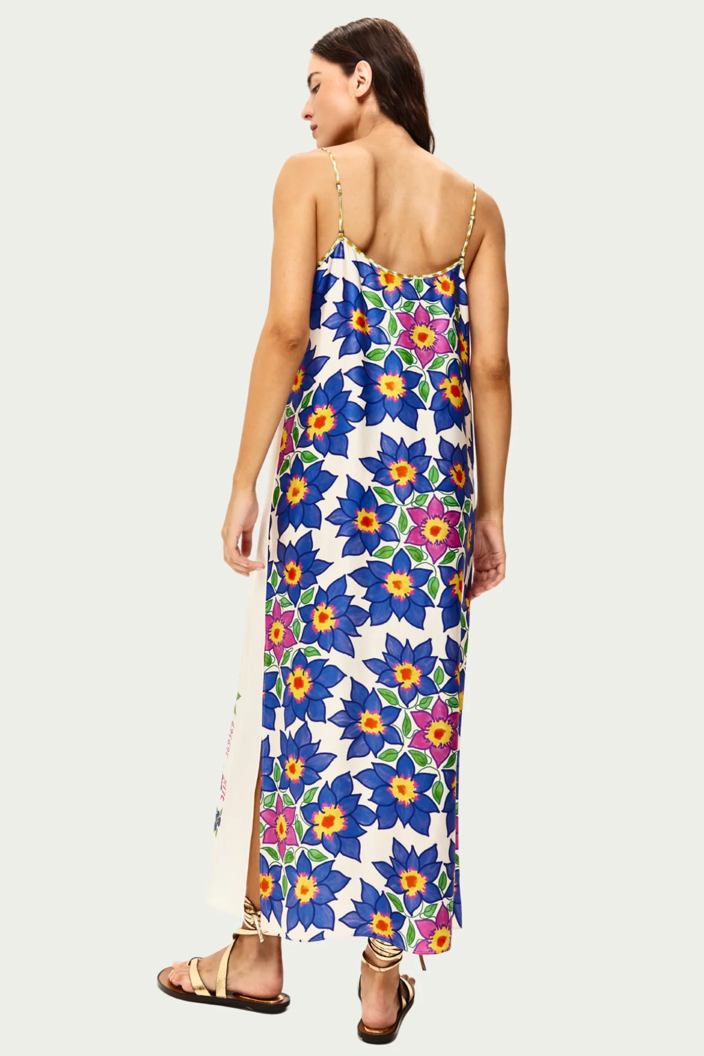 Woman wearing Me369 Olivia Camisole Markers Dress by Me369 with bold floral print, shop Me369 at Dotique online.