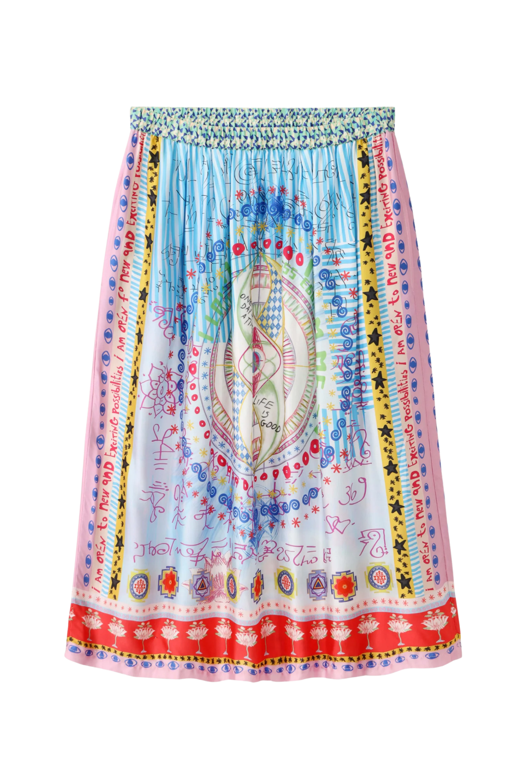 Me369 Vanessa Runic Whisper Printed Midi Skirt by Me369 in vibrant colors featuring chakra symbols, shop Me369 at Dotique