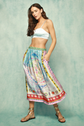 Model wearing Me369 Vanessa Runic Whisper Printed Midi Skirt by Me369, shop Me369 at Dotique for vibrant chakra design skirt