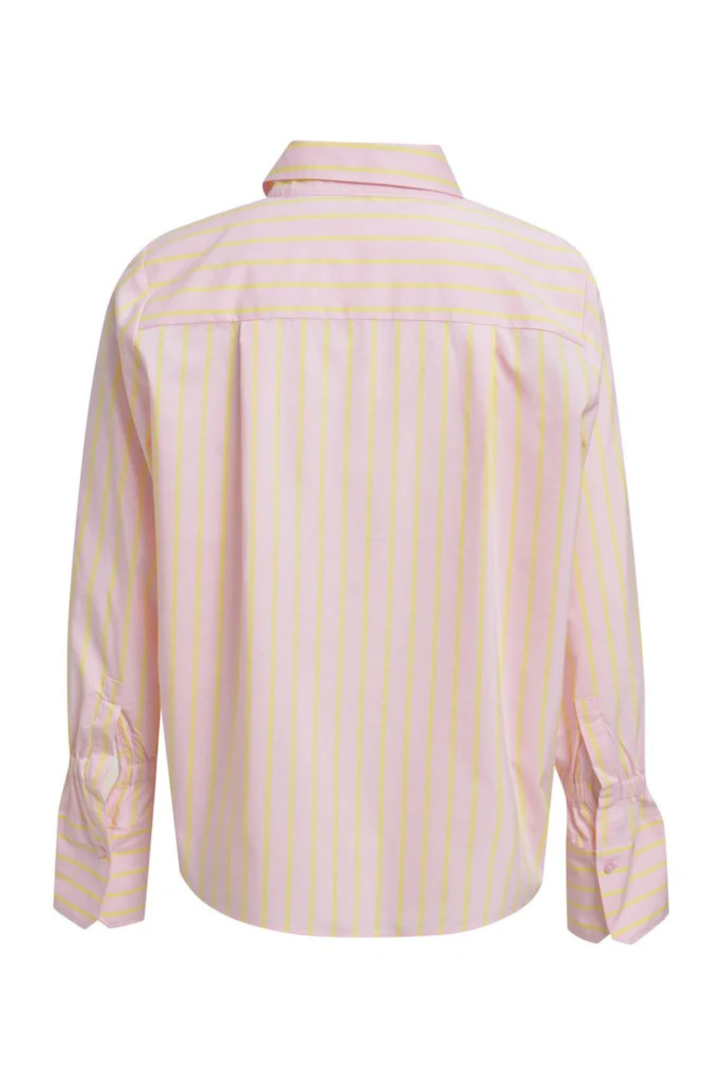 Back view of Milano pink shirt blouse with fine yellow vertical stripes and long sleeves with buttoned cuffs