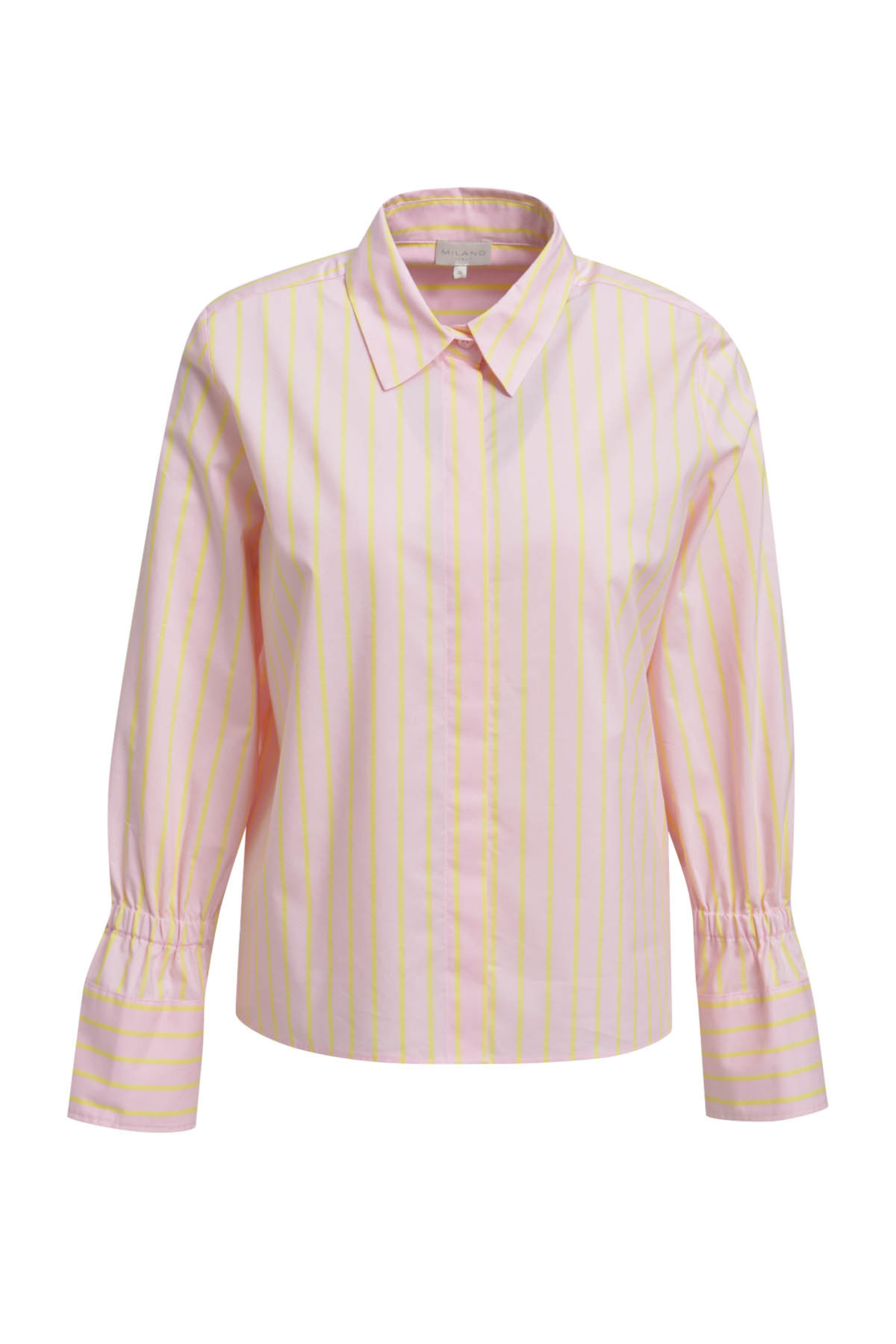 Fresh striped shirt blouse by Milano in soft pink with yellow stripes. Cotton-rich fabric with elasticated cuffs. Easy, everyday style from Dotique.