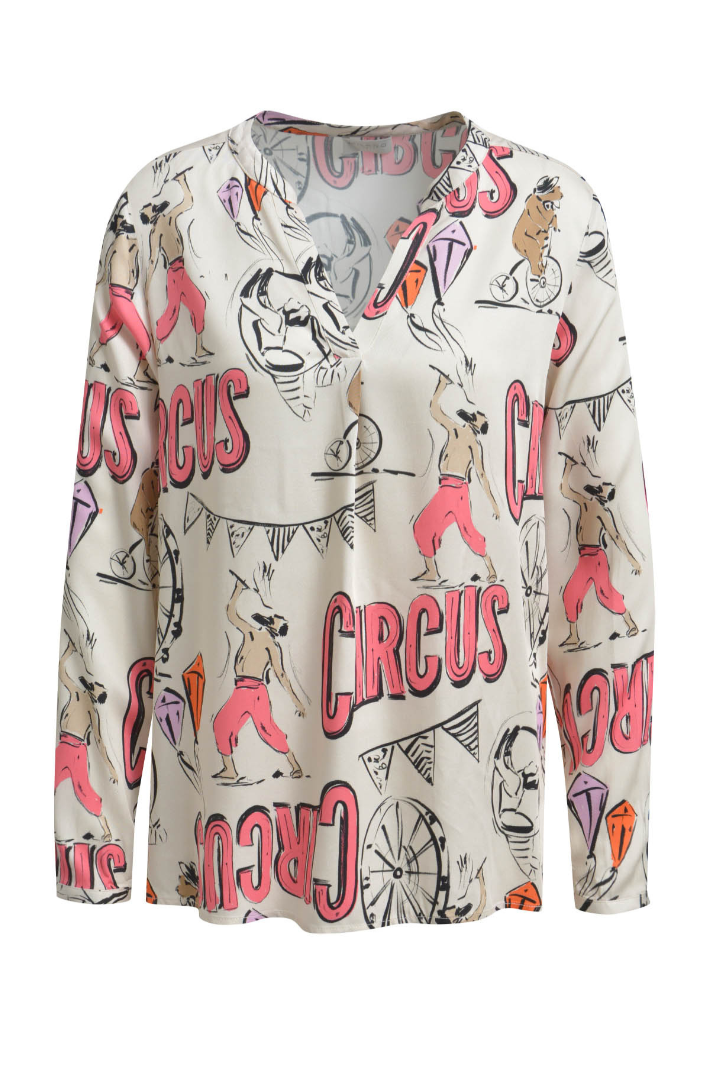 Milano Italy 61-6506-3061 Cream Print V-Neck Blouse by MILANO featuring circus designs, shop MILANO at Dotique.