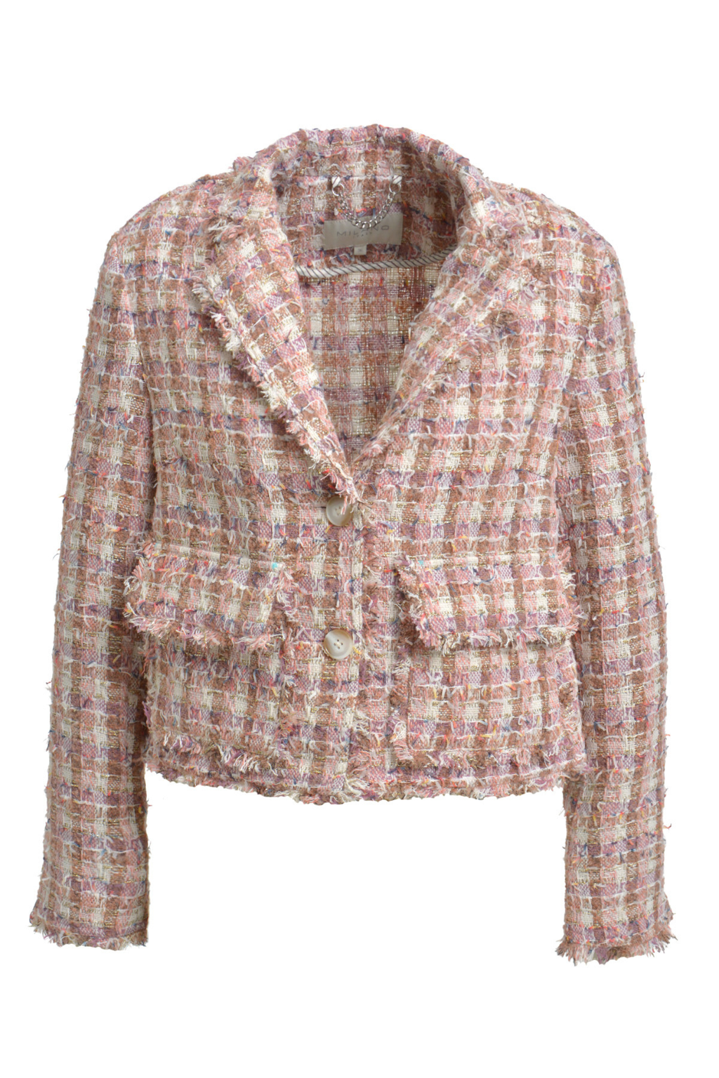 Milano Italy bouclé jacket in Coffee Mix with textured woven finish, subtle metallic thread and soft structured shape.