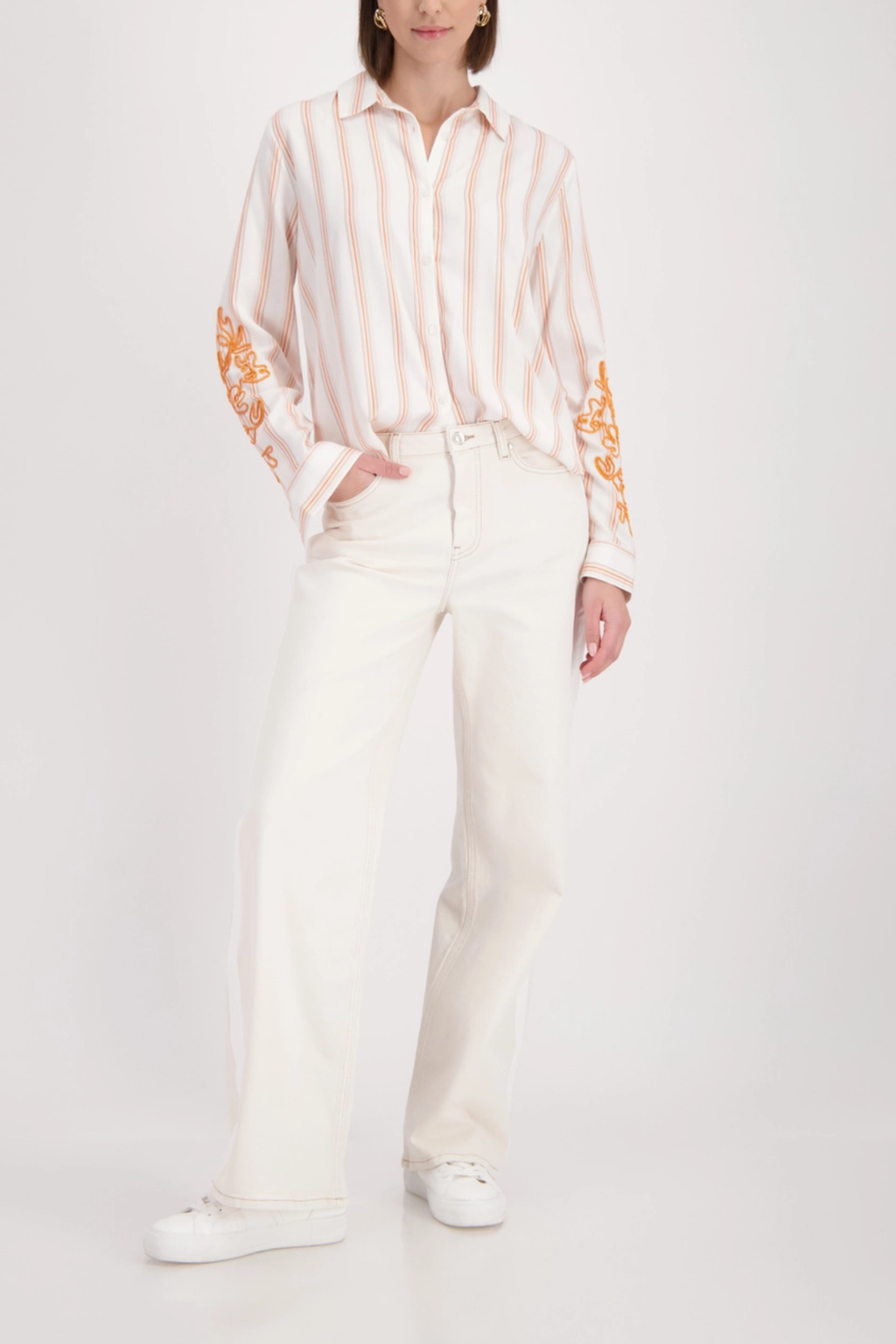 Woman wearing Monari 410249 Cord Embroidery Shirt Off White Pattern by Monari, shop Monari at Dotique online.